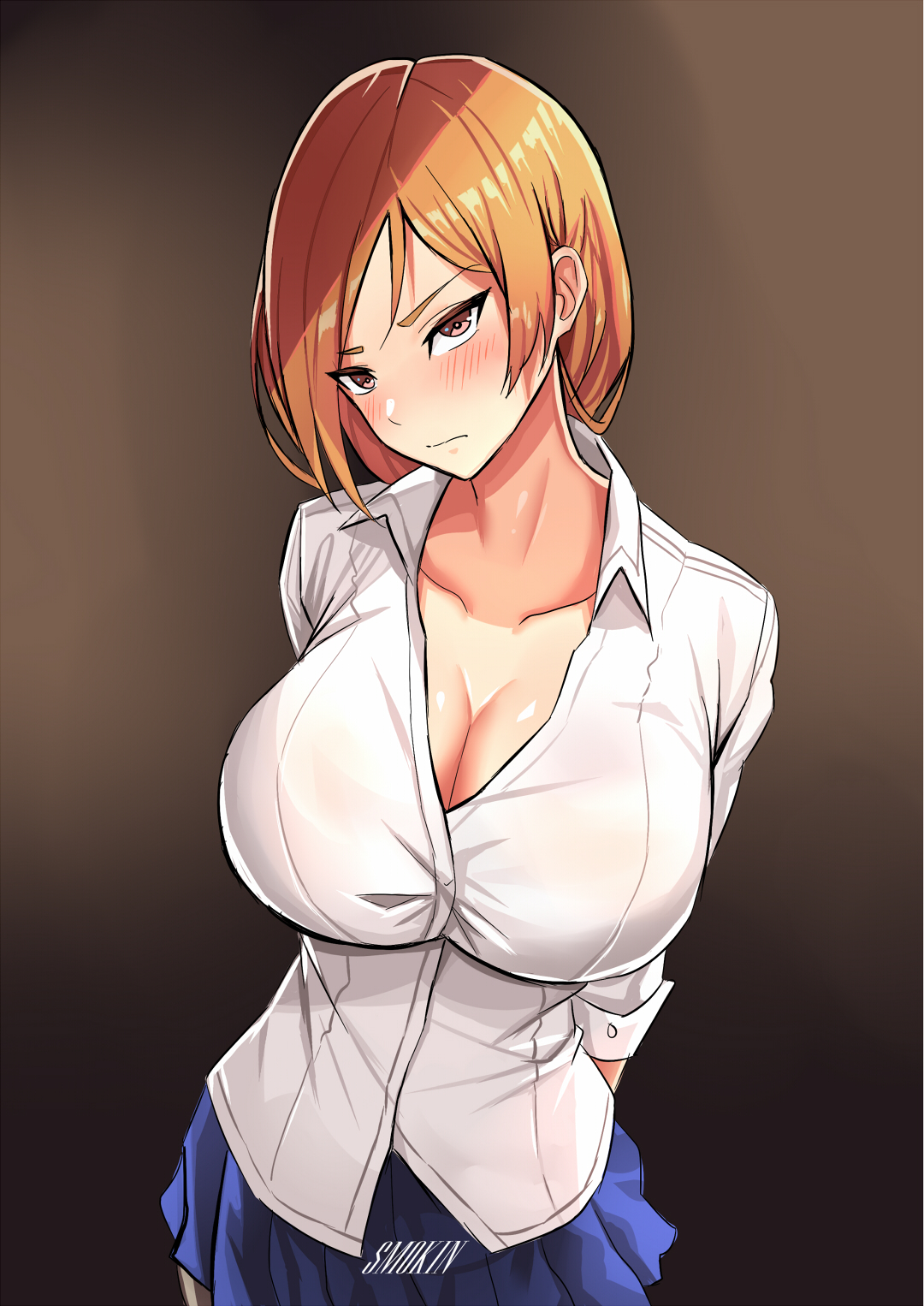 1girls, big breasts, blush, breasts, brown eyes, brown hair, eye contact, female, fully clothed, huge breasts, jujutsu kaisen, kugisaki nobara, large breasts, looking at viewer, orange hair, orange-haired female, short hair, skirt, smokin (artist), solo, standing, tight clothing