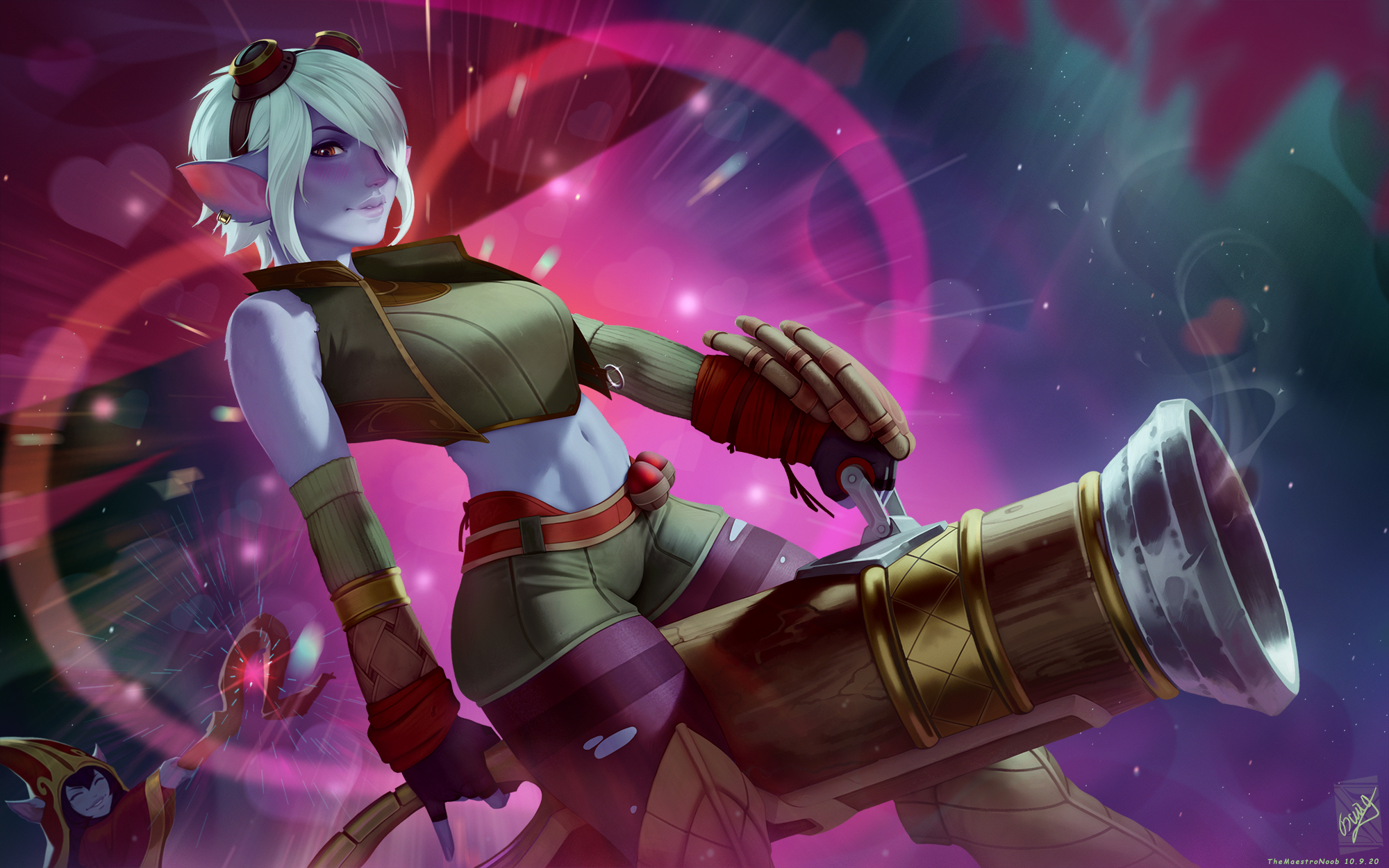 1girls, 2girls, athletic, athletic female, big breasts, blue body, blue skin, blush, breasts, female, female only, heart, hips, league of legends, lips, lulu the fae sorceress, midriff, pale skin, pointy ears, realistic, solo female, themaestronoob, thick thighs, thighs, torn clothes, tristana, white hair, yordle