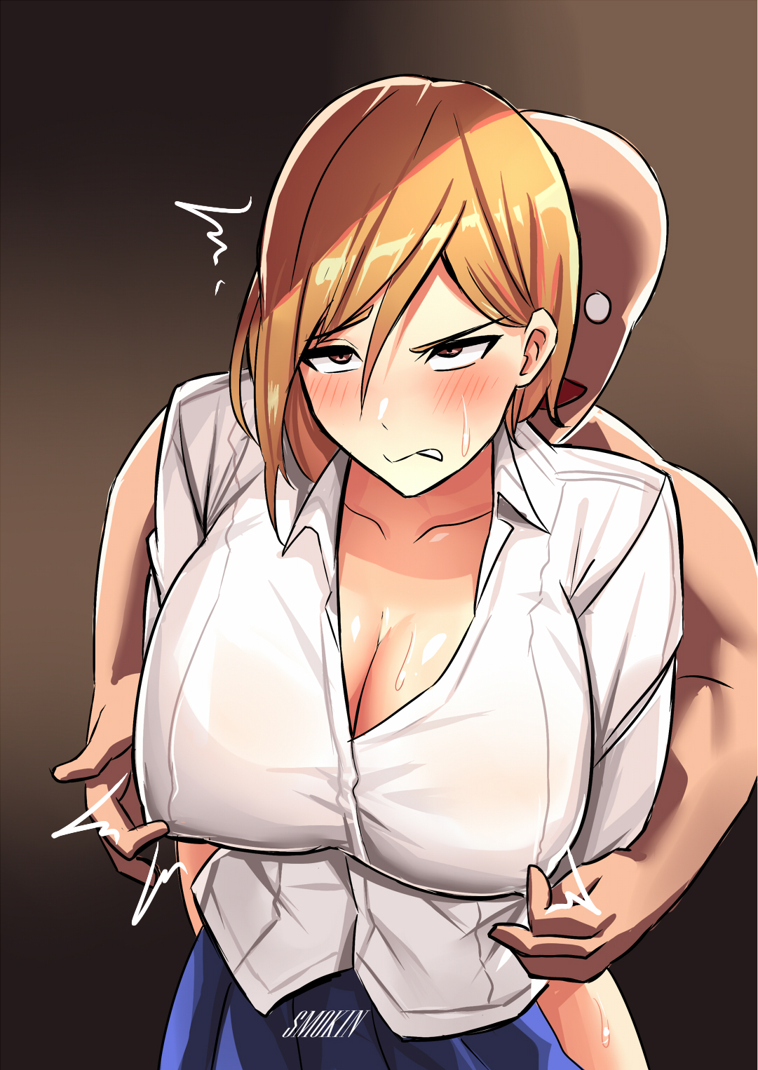 1boy, 1girls, big breasts, blush, breast grab, breasts, brown eyes, brown hair, female, fully clothed, grabbing from behind, huge breasts, jujutsu kaisen, kugisaki nobara, large breasts, male, orange hair, orange-haired female, short hair, skirt, smokin (artist), standing, tight clothing