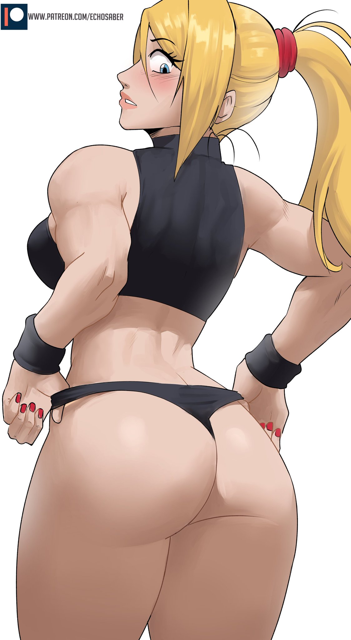 1girls ass blonde_hair blue_eyes breasts echosaber female female_focus female_only light-skinned_female metroid muscular_female nintendo painted_nails patreon_url ponytail red_nails samus_aran solo solo_female super_metroid thighs white_background