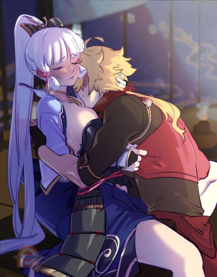 1boy, 1girls, big breasts, breasts, closed eyes, female, genshin impact, hetero, interracial, kamisato ayaka, kukumomo, large breasts, long hair, male, ponytail, thighs, thoma (genshin impact), white hair