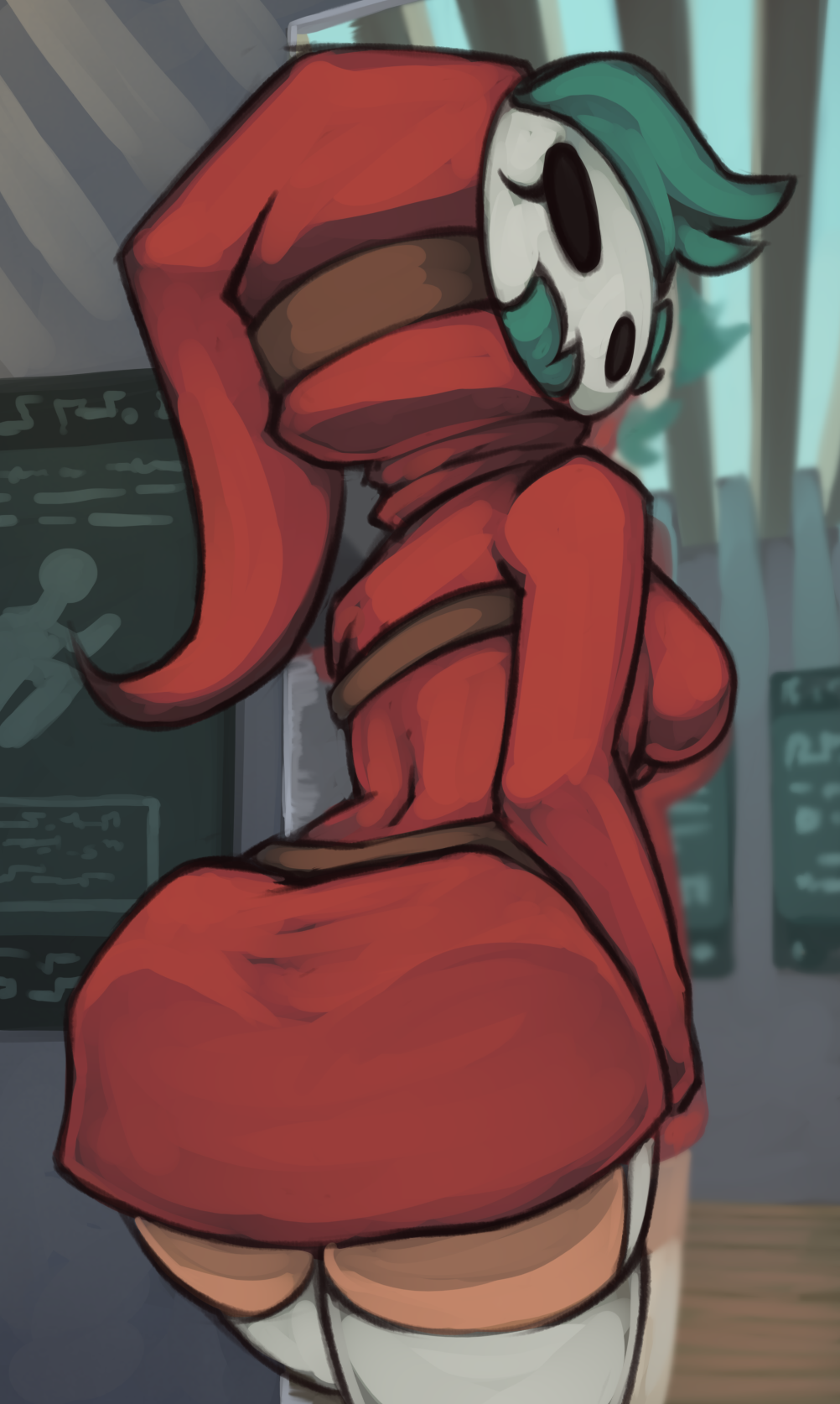 1girls ass belt bent_over breasts clothing cyan_hair female female_only green_hair hoodie indoors mario_(series) marsminer mask shy_gal signs solo standing stockings thick_thighs tight_clothing