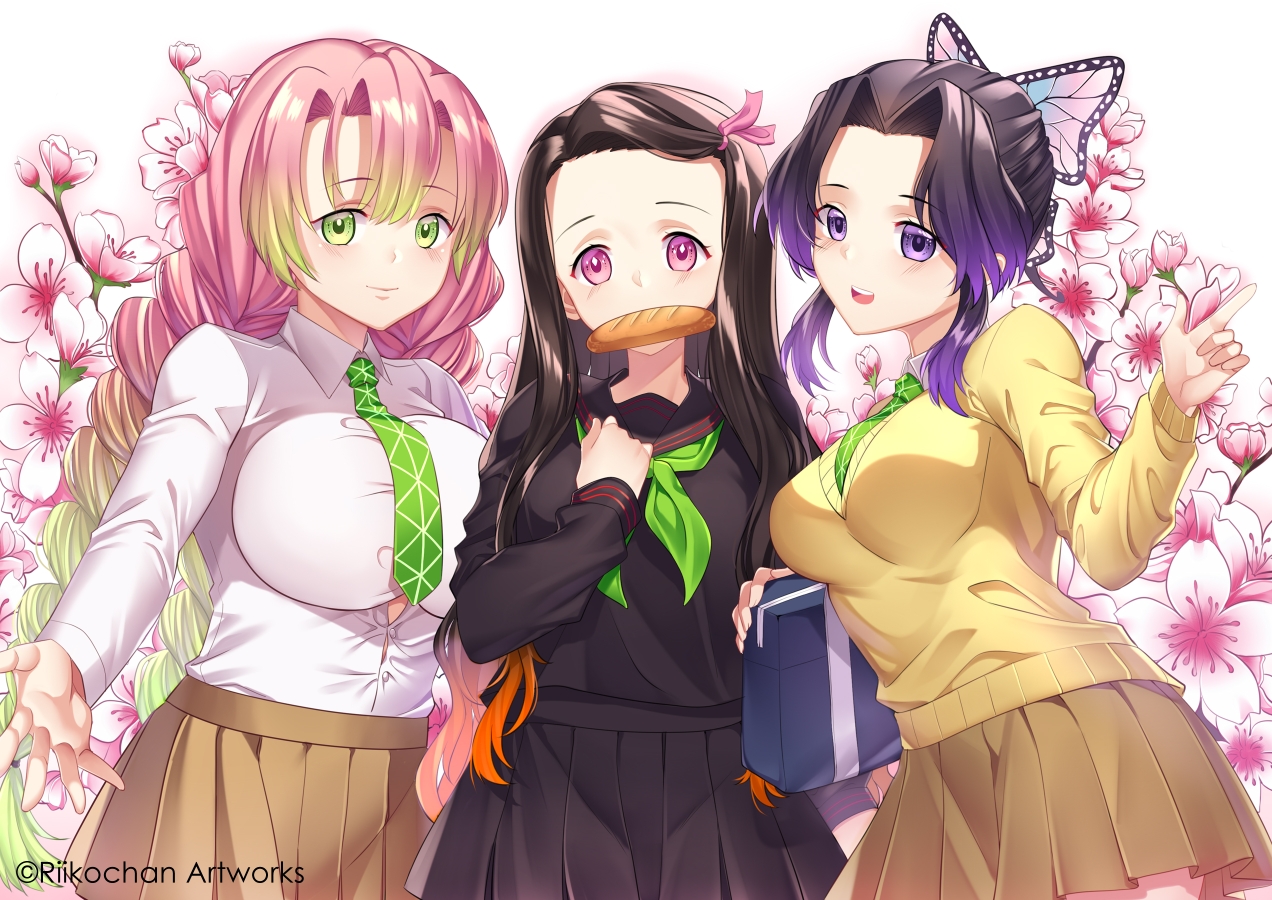 3girls, big breasts, black hair, black-haired female, braided hair, breast size difference, breasts, butterfly hair ornament, clothing, demon slayer, female, female only, fully clothed, green eyes, hair ribbon, kamado nezuko, kanroji mitsuri, kimetsu no yaiba, kochou shinobu, long hair, looking at viewer, necktie, pink eyes, pink hair, pink-haired female, pleated skirt, purple eyes, purple-haired female, school uniform, schoolgirl, serafuku, straining buttons, sweater, tight clothing, two-tone hair