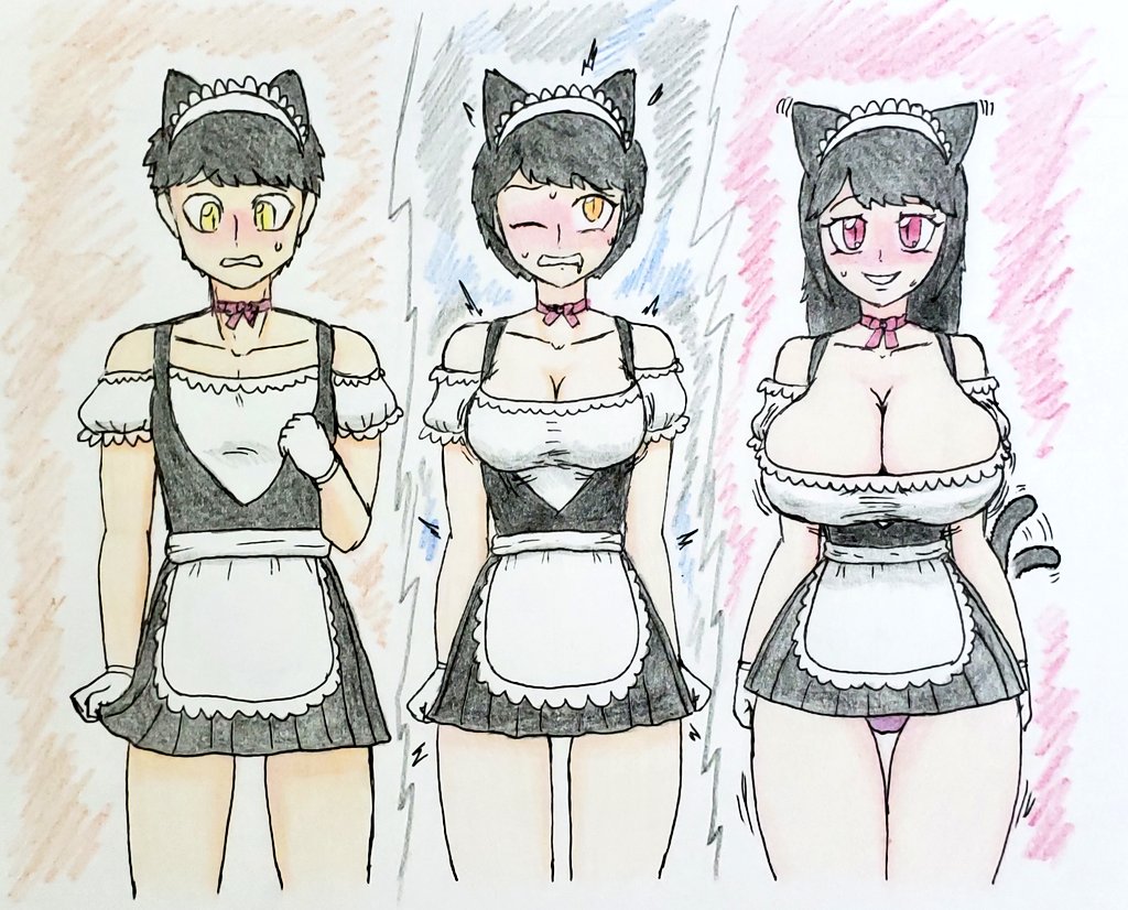 apron big_breasts black_hair blush blushing bowtie bra breast_expansion cat_ears cat_tail expansion female gender_transformation girly growth hair_growth hand_drawn huge_breasts identity_death looking_at_viewer maid maid_headdress maid_uniform male mtf_transformation panties pink_eyes skirt thick_thighs thighs transformation transformation_sequence uravilladge yellow_eyes