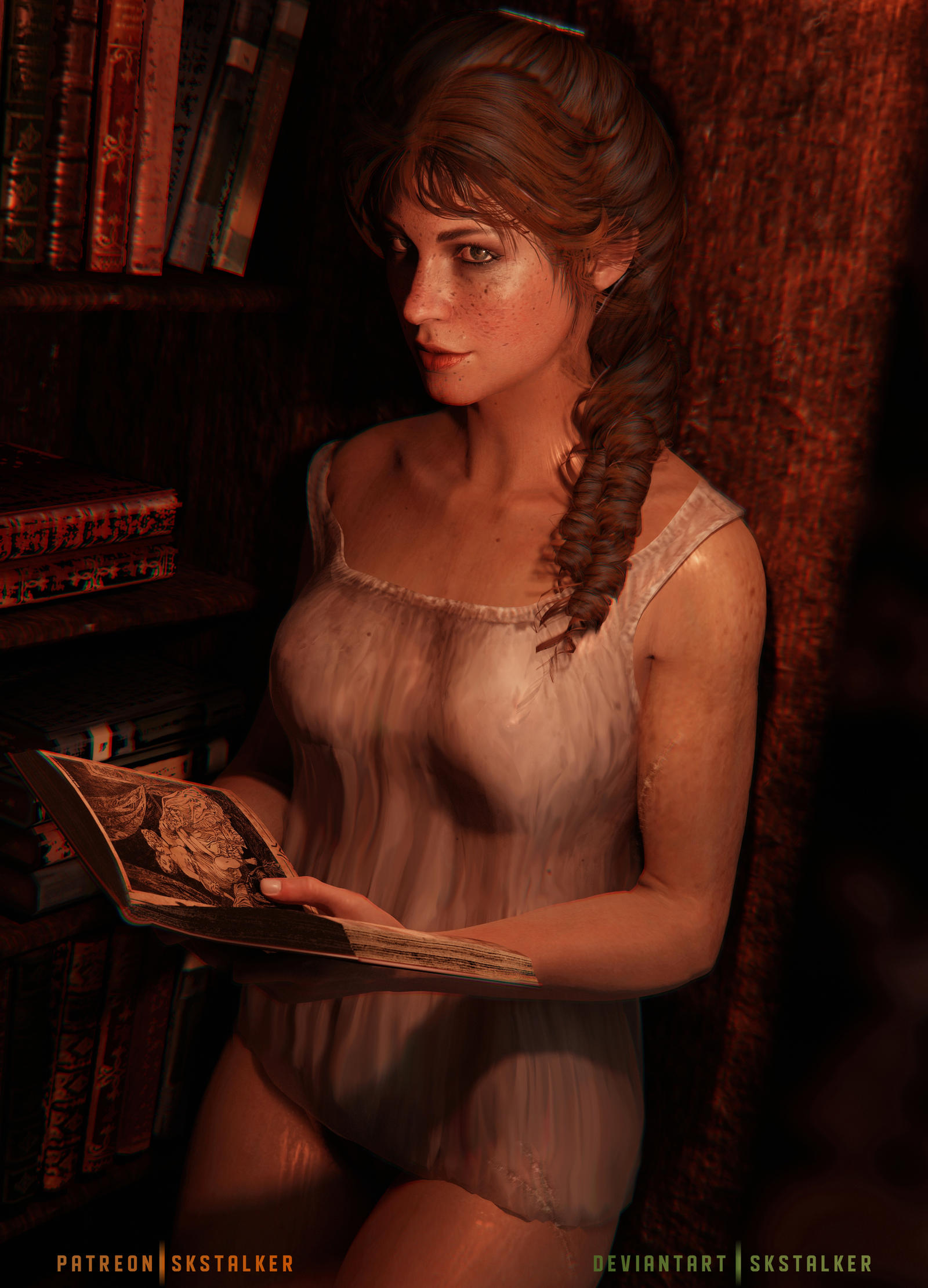 1girls, 3d, blush, books, bookshelf, breasts, breasts out, drawing, female, female only, female pubic hair, freckles, hard nipples, hazel eyes, kissing neck, leaning against wall, library, lipstick, looking at viewer, mary-beth gaskill, nightgown, nipples, partially clothed, pubic hair, reading, red dead redemption (series), red dead redemption 2, see-through, see-through clothing, skstalker, smiling, smiling at viewer, solo, solo female, underwear, yuri