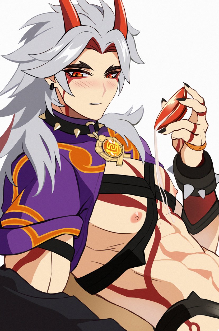 1boy, arataki itto, big pecs, black nails, blush, body markings, earrings, genshin impact, grey hair, horns, male, male only, muscular, nipples, orange eyes, pecs, red horns, sake, solo, solo male, spiked bracelet, spiked collar, wet body, white background