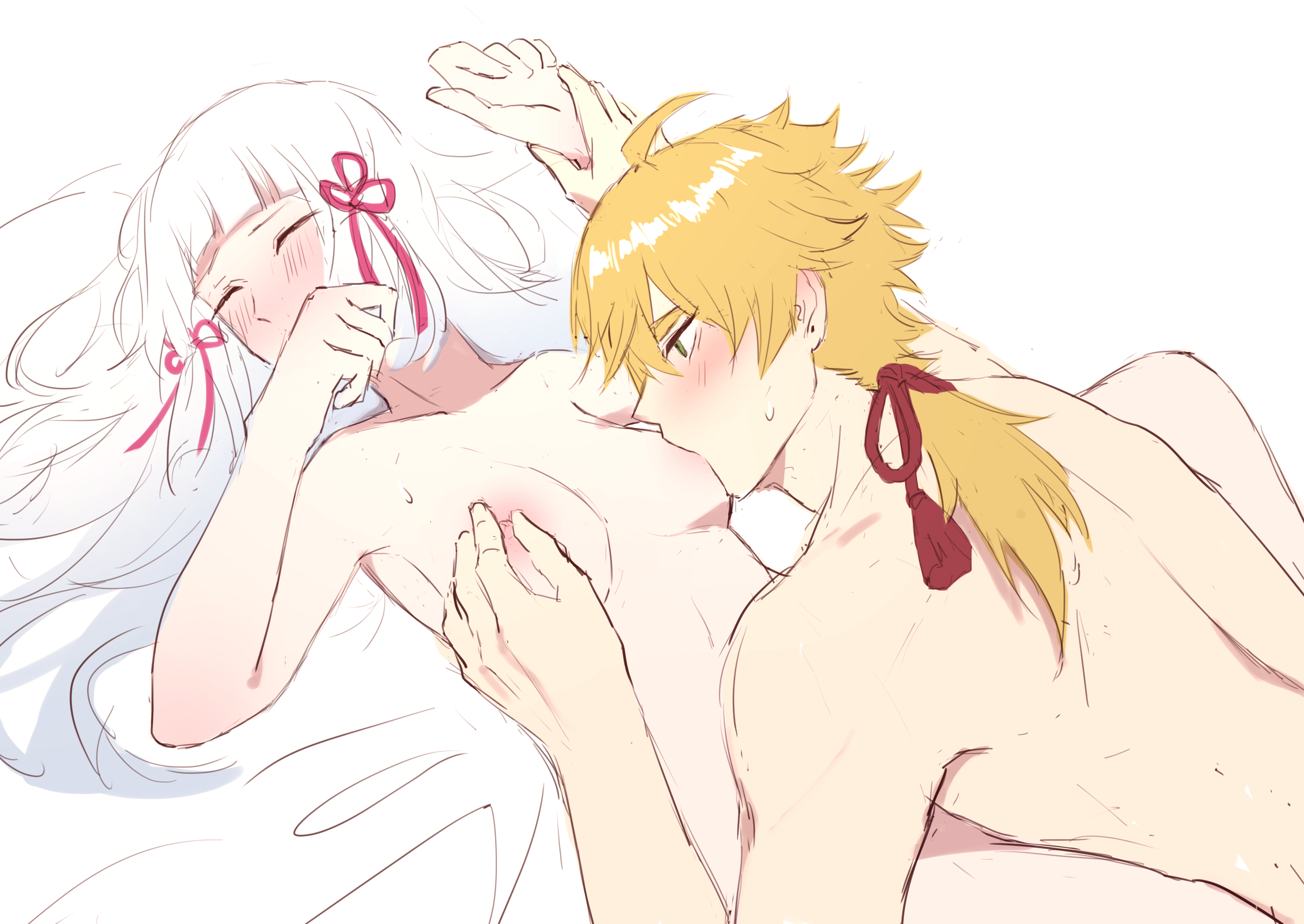 1boy, 1girls, arm grab, bangs, bed, blunt bangs, blush, breast sucking, breasts, covering mouth, female, genshin impact, hair ornament, hair ribbon, hetero, highres, kamisato ayaka, long hair, male, mole, mole under eye, nipple tweak, nipples, nude, ponytail, ribbon, sidelocks, sweat, tassel, thoma (genshin impact)