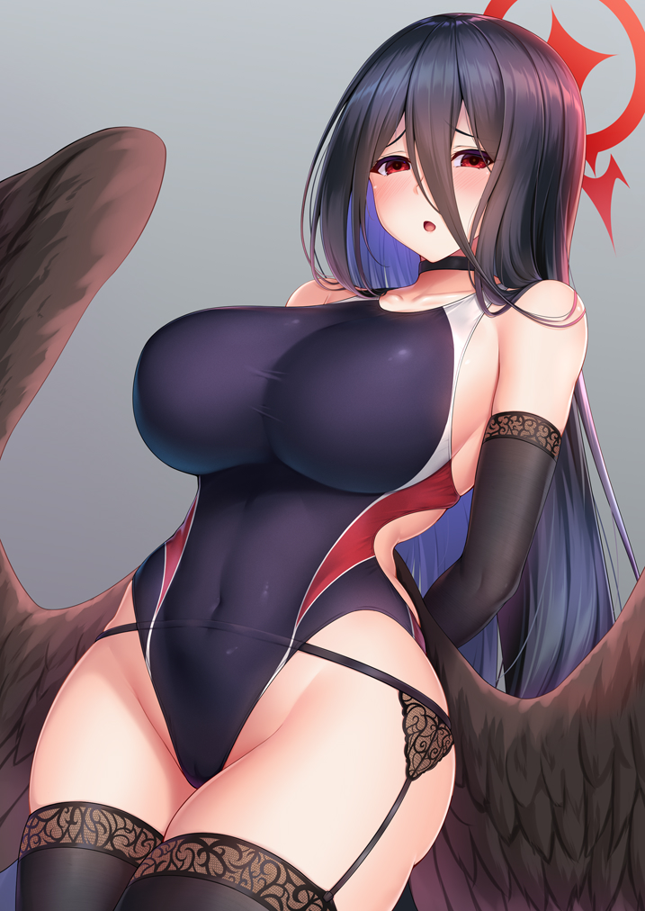 1girls, 2021, arms behind back, bangs, bare shoulders, bird wings, black choker, black gloves, black hair, black legwear, black wings, blue archive, blue swimsuit, blush, breasts, choker, collarbone, competition swimsuit, covered navel, cowboy shot, dutch angle, elbow gloves, feathered wings, female, female focus, female only, garter belt, gloves, gradient, gradient background, grey background, groin, hair between eyes, halo, hasumi (blue archive), highleg, highleg swimsuit, justice task force (blue archive), large breasts, long hair, looking at viewer, low wings, one-piece swimsuit, open mouth, raised eyebrows, red eyes, side cutout, skindentation, solo, solo female, solo focus, standing, swimsuit, thighhighs, trinity general school student, very long hair, wings, zuizhong