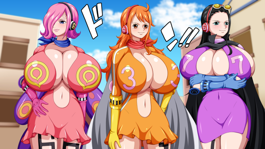 3girls big_breasts black_hair blue_eyes breasts cleavage eyewear_on_head female female_only germa_66 germa_66_(cosplay) huge_breasts k-trance koktter large_breasts long_hair multiple_girls nami navel nico_robin one_piece orange_hair pink_eyes pink_hair post-timeskip short_hair shounen_jump vinsmoke_reiju