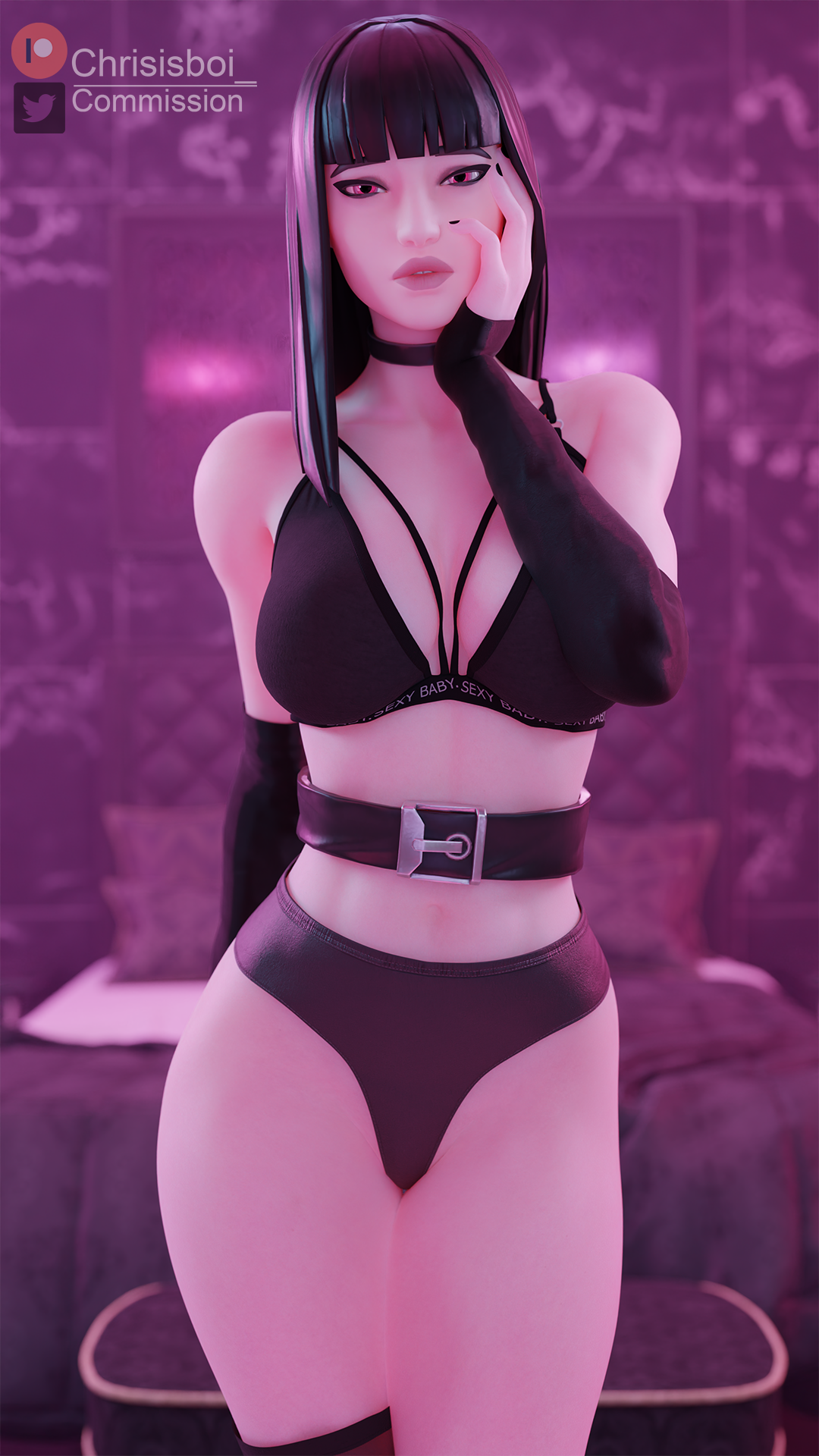 1girls, 3d, 3d (artwork), armwear, belt, black armwear, black belt, black bra, black collar, black hair, black nails, black thong, charlotte (fortnite), chrisisboi , collar, eyebrows, eyelashes, eyeshadow, female, female only, fortnite, fortnite: battle royale, hand behind back, hand on face, human, legwear, light skin, light-skinned female, lingerie, looking at viewer, nail polish, pale skin, pale-skinned female, posing, red eyes, short hair, solo, solo female, standing, straight, teasing, thighs