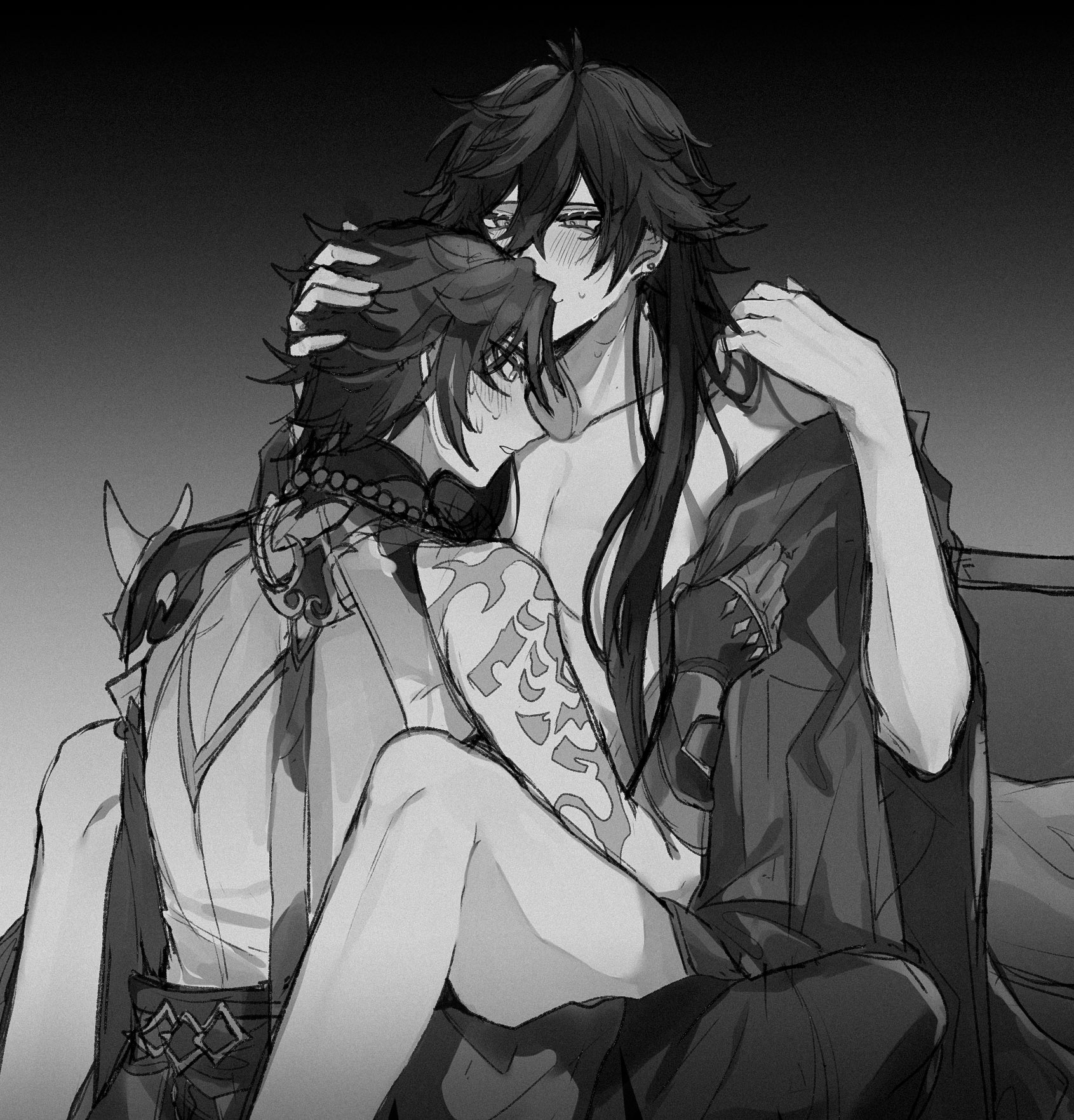 artist request, clothed, genshin impact, long hair, male, male only, short hair, tattoos, xiao (genshin impact), yaoi, zhongli (genshin impact)