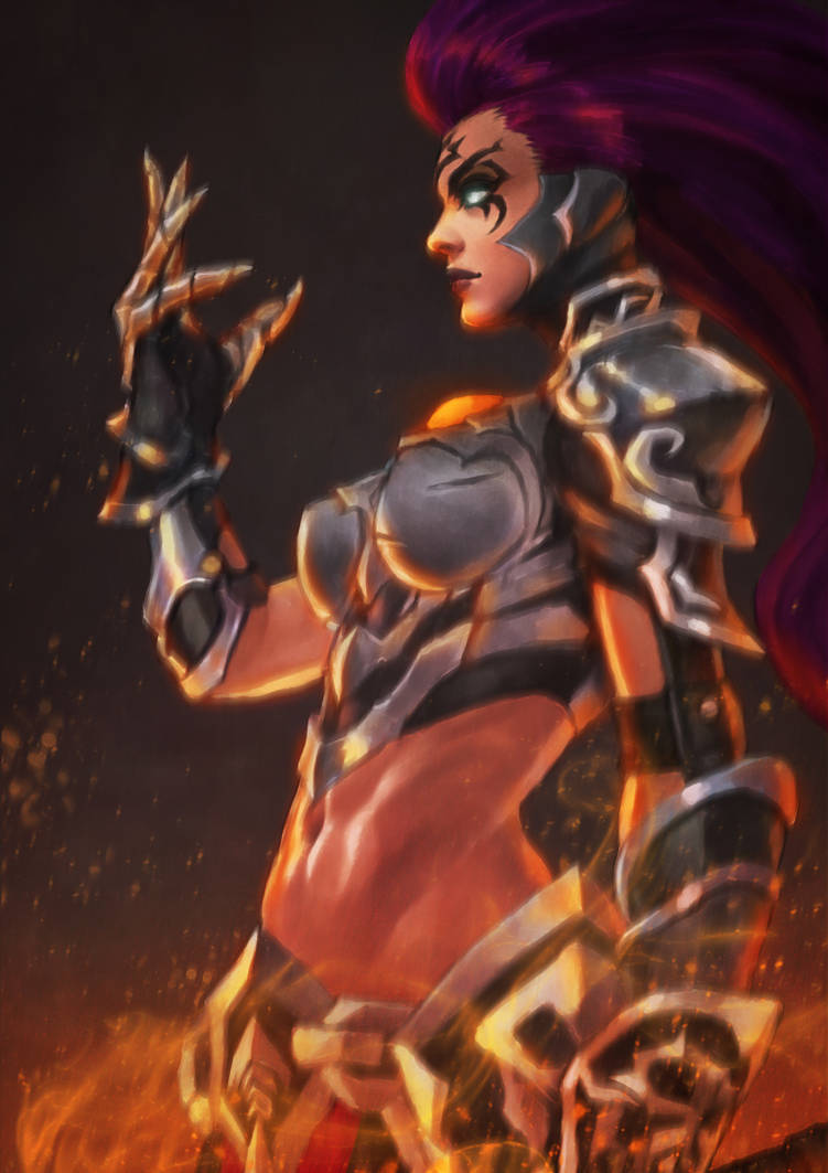 abs armor darksiders fire fury_(darksiders) gauntlet gauntlets glowing_eyes half_angel half_demon midriff nephilim red_hair tattoo tattoos warrior