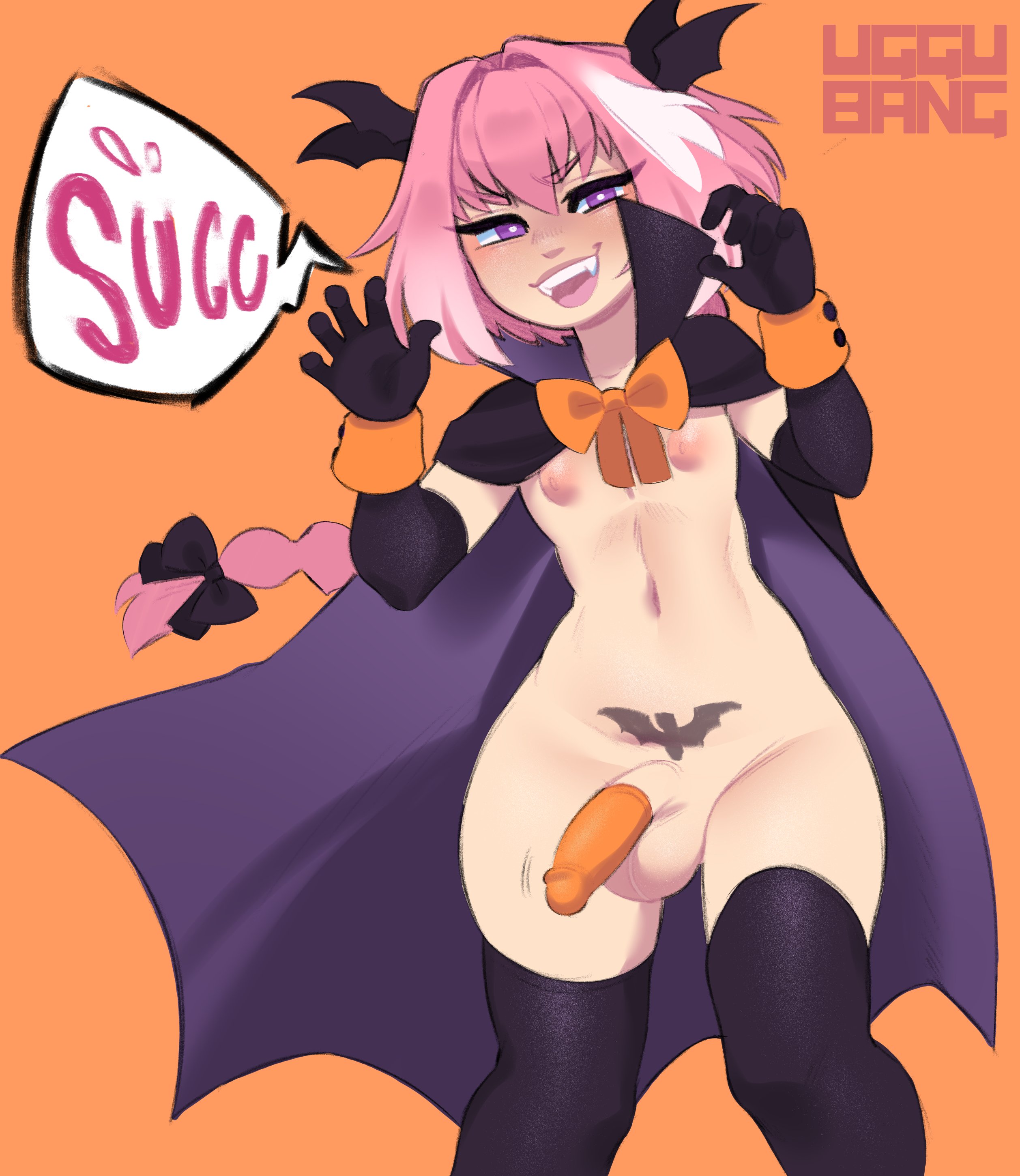 1boy, astolfo (fate), balls, eye contact, fate (series), fate/grand order, femboy, girly, halloween, looking at viewer, male, male only, penis, pink hair, solo, speech bubble, standing, testicles, text, thick thighs, thighhighs, thighs, uggu bang