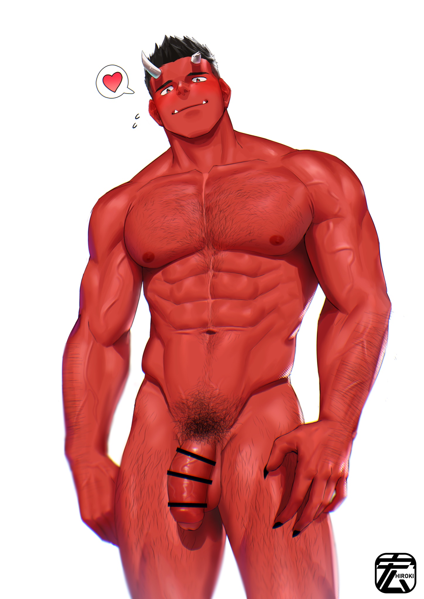 1boy, abs, arm hair, balls, bara, black hair, black nails, body hair, brown eyes, censor bar, censored, censored penis, chest hair, claws, collarbone, demon, demon horns, fangs, feet out of frame, flaccid, flaccid penis, foreskin, full body, hairy, hairy arms, hairy chest, hairy hands, hairy legs, hairy male, half-erect, hiroki bzdsk, horns, japanese mythology, leg hair, long nails, looking at viewer, male, male nipples, male only, muscles, muscular, muscular arms, muscular male, muscular thighs, nipples, ogni, oni, partially retracted foreskin, pecs, penis, pubic hair, red nipples, red oni, red penis, red skin, retracted foreskin, solo, solo male, standing, testicles, thigh hair, uncircumcised, uncut, veins, veiny, veiny muscles, veiny penis, white background, yaoi