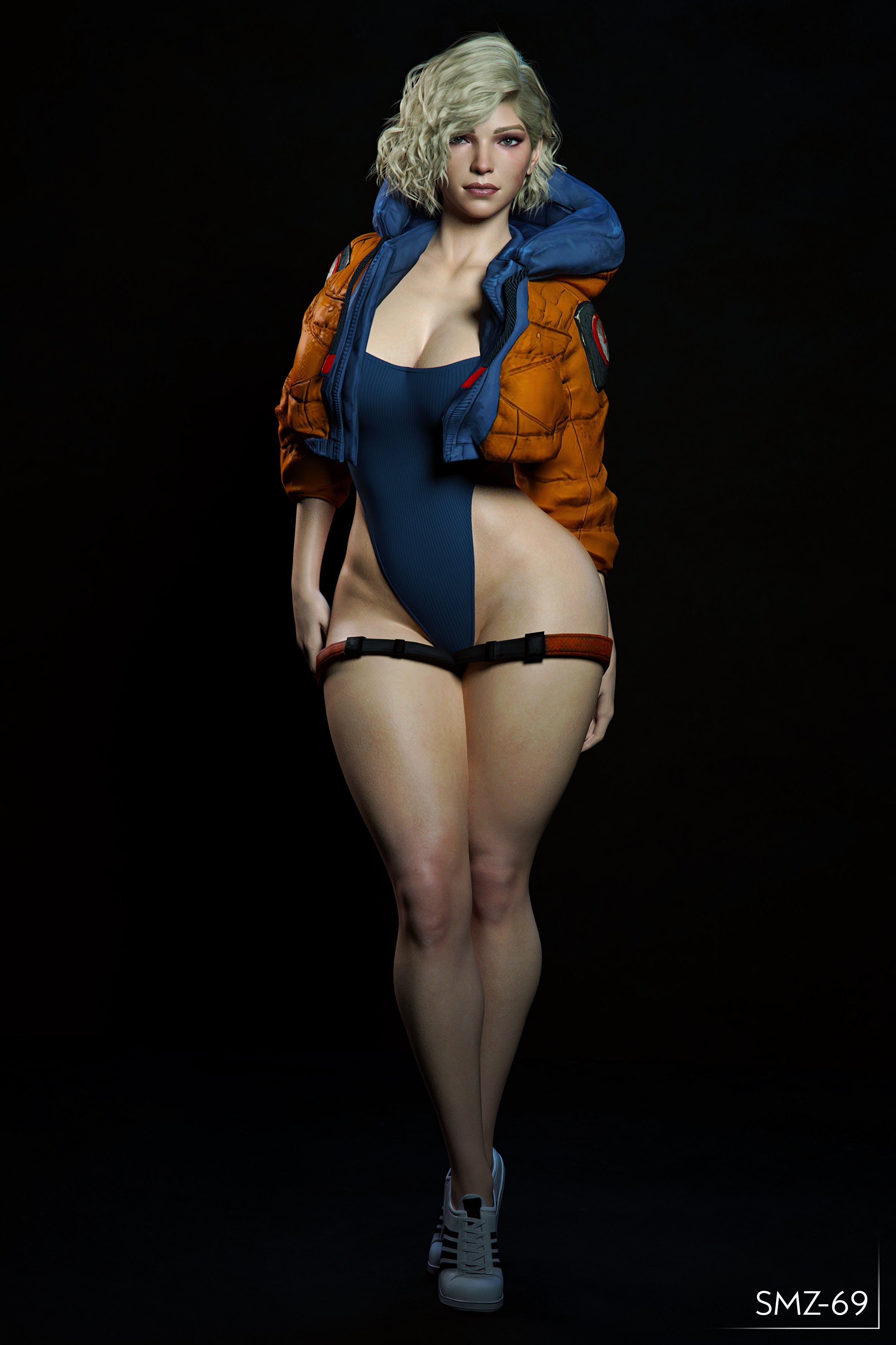 1girls, 3d, apex legends, blonde, blonde hair, breasts, cleavage, female, female only, looking at viewer, smz-69, solo, solo female, thick thighs, wattson (apex legends), wide hips