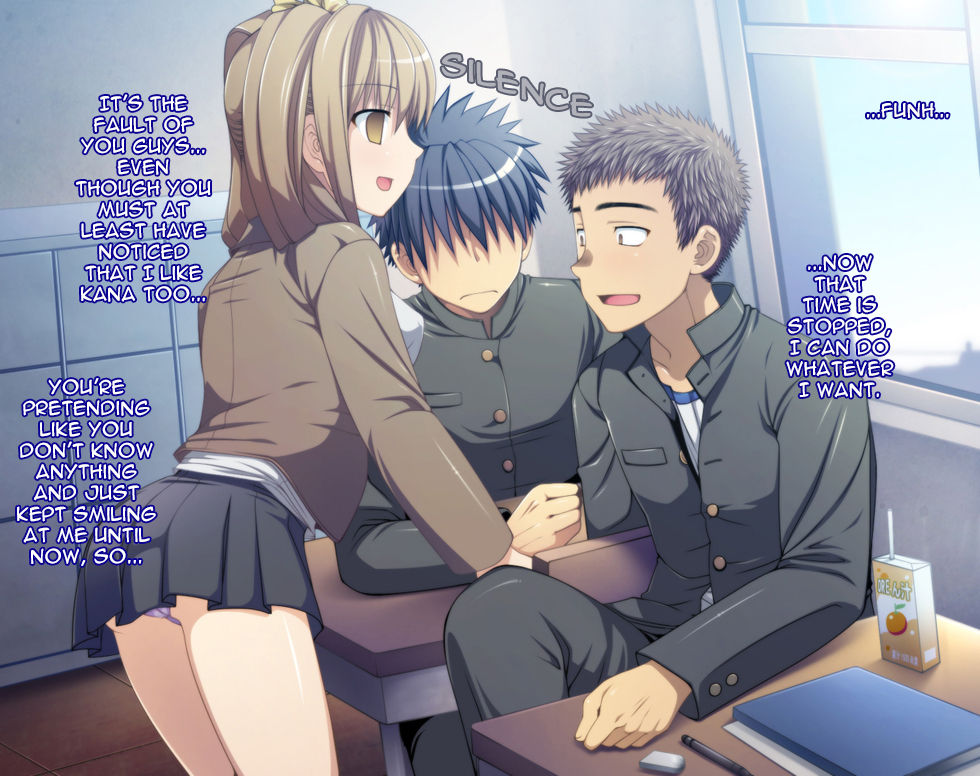 1girls 2boys clothed clothing dialogue duo english_text female fully_clothed futase_hikaru hard_translated human juice_box light-skinned_female light-skinned_male light_skin male pale_skin rape school_uniform schoolboy schoolgirl text time_stop translated