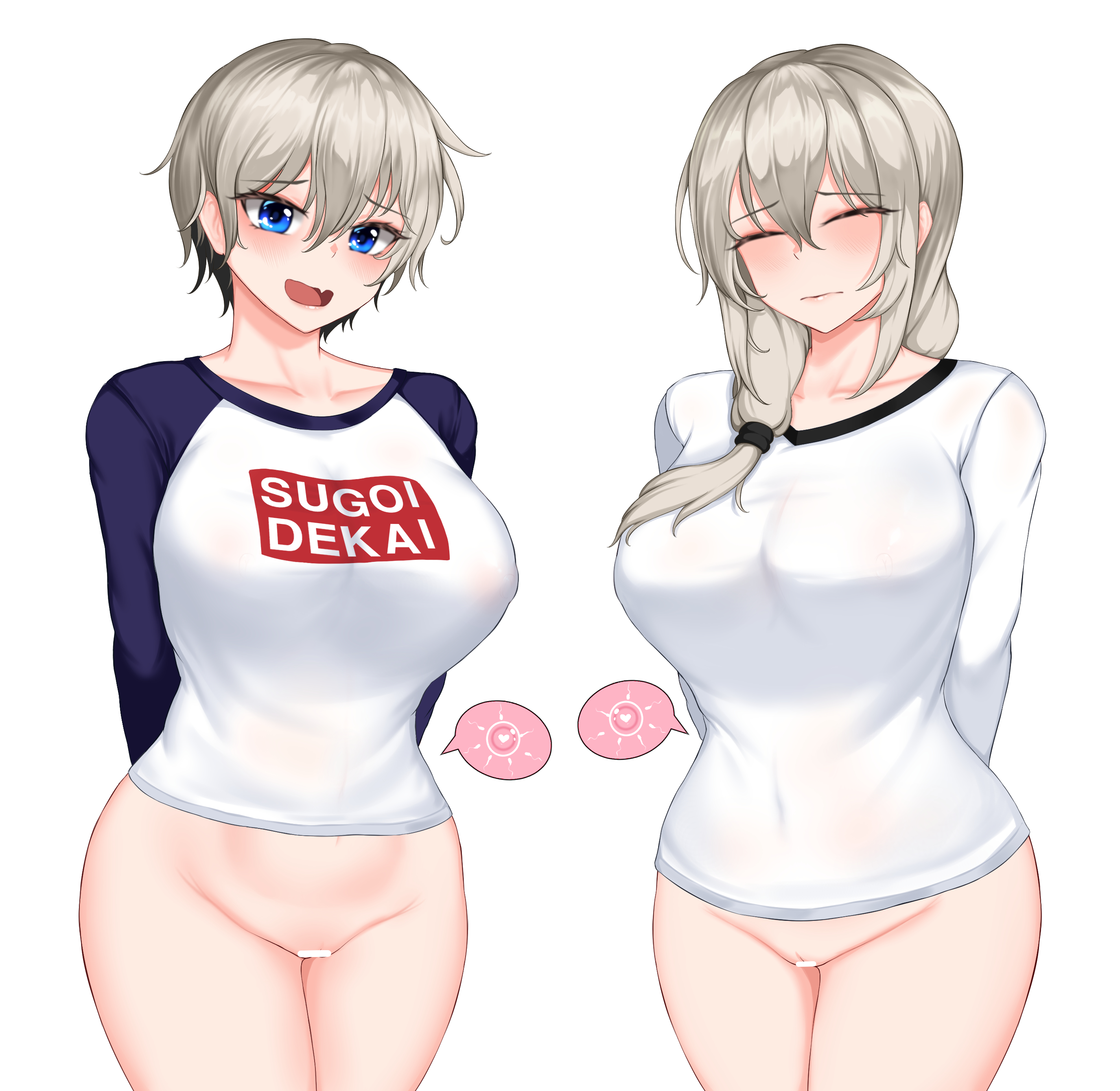 2girls, 82jhin, big breasts, blue eyes, blush, bottomless, breasts, censored, closed eyes, daughter, female, female only, fertilization, grey hair, impregnation, long hair, milf, mother, mother and daughter, nipple bulge, ovum, pussy, short hair, sugoi dekai, thick thighs, uzaki hana, uzaki tsuki, uzaki-chan wa asobitai!