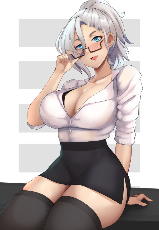 1girls, big breasts, black stockings, bra peek, breasts, cleavage, female, female only, glasses, lainart, large breasts, looking at viewer, pencil skirt, rwby, skirt, solo, stockings, thighhighs, white shirt, winter schnee