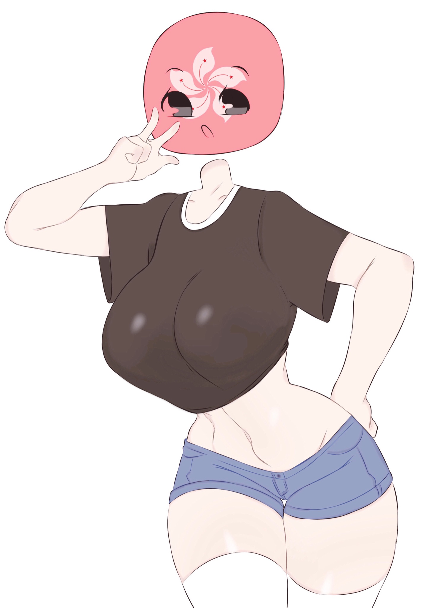 1girls, 5 fingers, anthro, anthrofied, ass, belly, belly button, big breasts, breasts, clothed, clothes, clothing, countryhumans, countryhumans girl, eyebrows, female, female only, flawsy, fully clothed, hand on ass, hand on hip, hips, hong kong (countryhumans), huge breasts, humanoid, large breasts, looking at viewer, navel, peace sign, short shorts, simple background, solo, solo female, t-shirt, thick, thick thighs, thighs, white background, wide hips