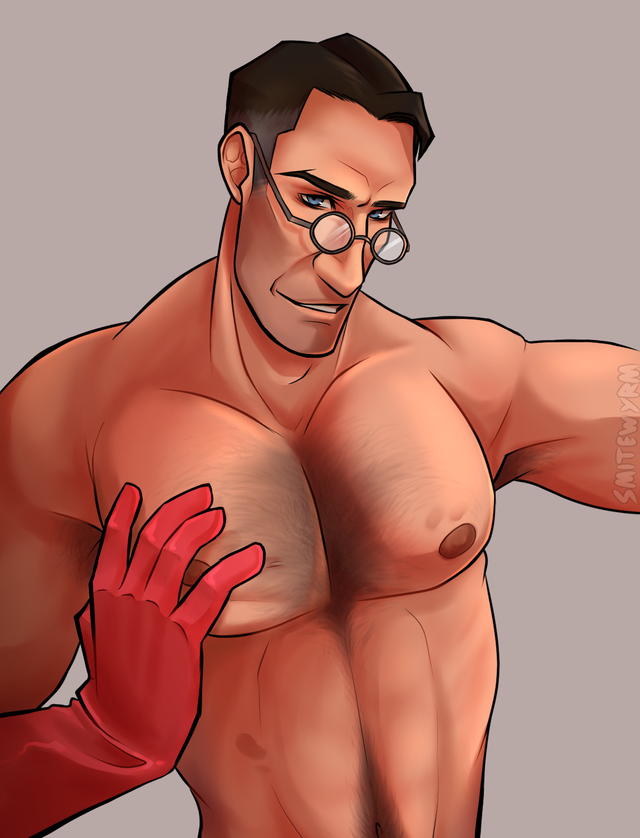 blue_eyes chest_hair doctor_sex glasses happy_trail male_only medic medic_(team_fortress_2) pec_grasp red_gloves smite_wyrm smitewyrm solo_male team_fortress_2 tf2