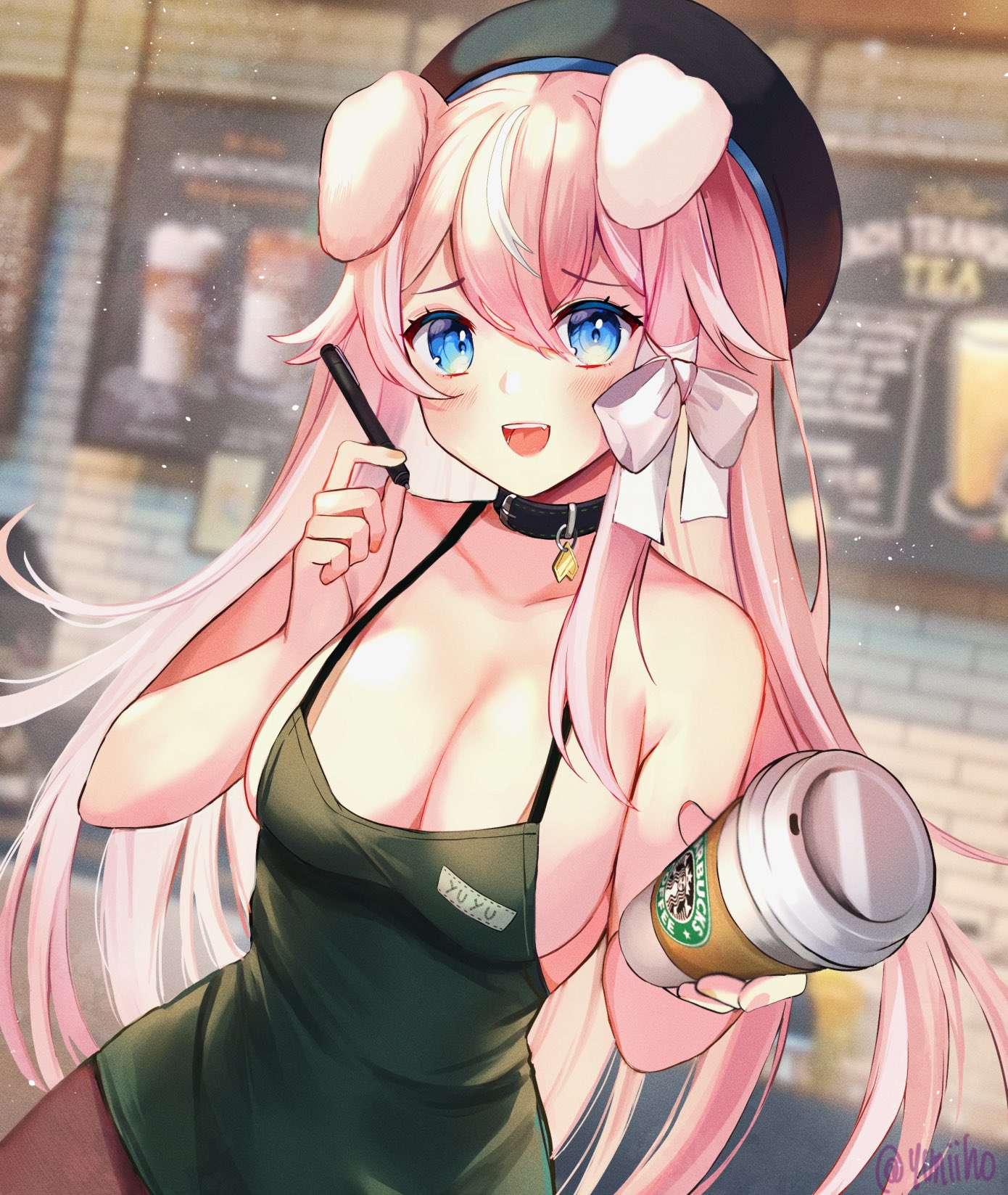 :d, 1girls, animal ears, apron, bangs, bare shoulders, black dress, blue eyes, blurry, blurry background, blush, breasts, choker, cleavage, coffee, collar, cowboy shot, depth of field, dog girl, dress, eyebrows visible through hair, female, hair between eyes, hat, holding, iced latte with breast milk, large breasts, long hair, looking at viewer, meme, naked apron, open mouth, pantyhose, photo background, pink hair, smile, solo, standing, starbucks, tagme, very long hair, virtual youtuber, vyugen, yuniiho, yuniiho (character)
