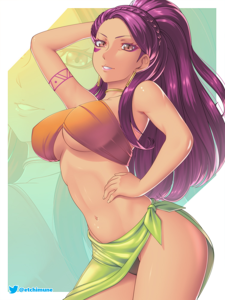 1girls, alternate costume, arm behind head, arm up, artist name, bare arms, bare midriff, bare shoulders, bare thighs, belly, bra, breasts, brown eyes, choker, curvy, dark skin, dark-skinned female, earrings, etchimune, female, female only, fire emblem, fire emblem: three houses, grin, hand behind head, hand on hip, hand on own hip, human, human only, jewelry, large breasts, long hair, looking at viewer, midriff, navel, nintendo, panties, petra macneary, ponytail, pose, post-timeskip, purple hair, sarong, sideboob, smile, solo, strapless, strapless bra, thick thighs, thighs, underboob, underwear