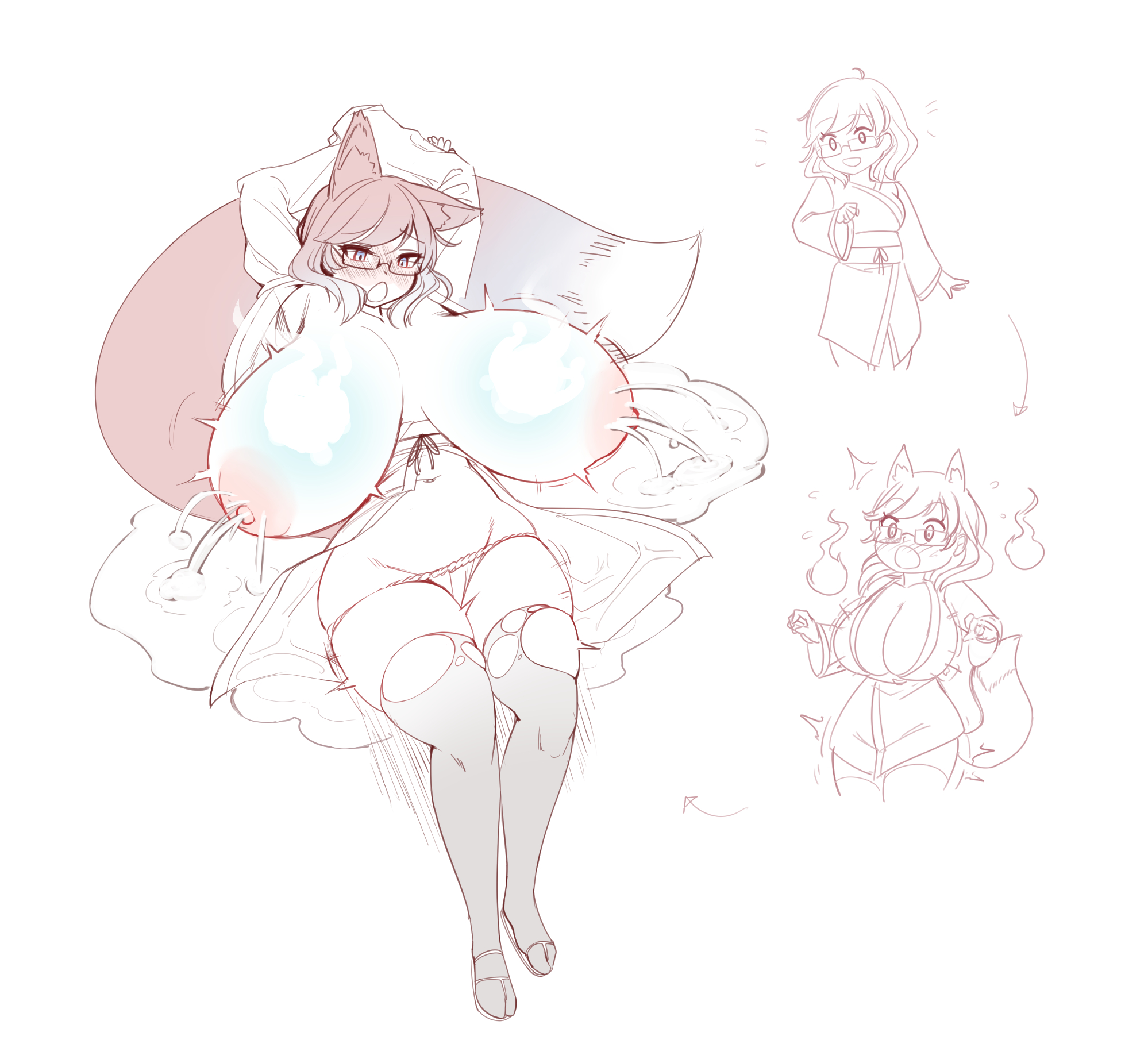 1girls, blush, breast expansion, breast growth, breast growth (enlargement), breasts, breasts out, burunpuku, expansion, female, female only, fox ears, fox girl, fox tail, glasses, hip expansion, huge breasts, lactation, large breasts, long hair, medium breasts, midriff, navel, nipple slip, nipples, panties, possession, solo, solo female, solo focus, surprised, thigh expansion, thighhighs, torn thighhighs, transformation