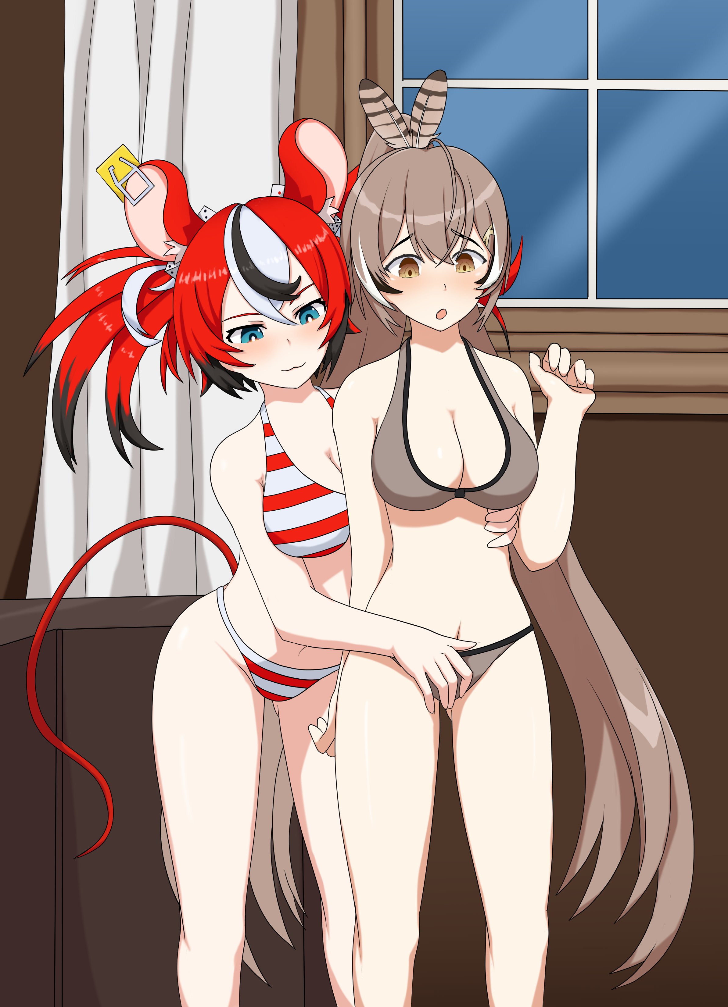 2girls, animal ears, bikini, breasts, cleavage, female, hakos baelz, hololive, hololive english, hololive english -council-, hololive english -promise-, large breasts, multiple females, multiple girls, nanashi mumei, onlylewdclass, tail, virtual youtuber, youtube, yuri
