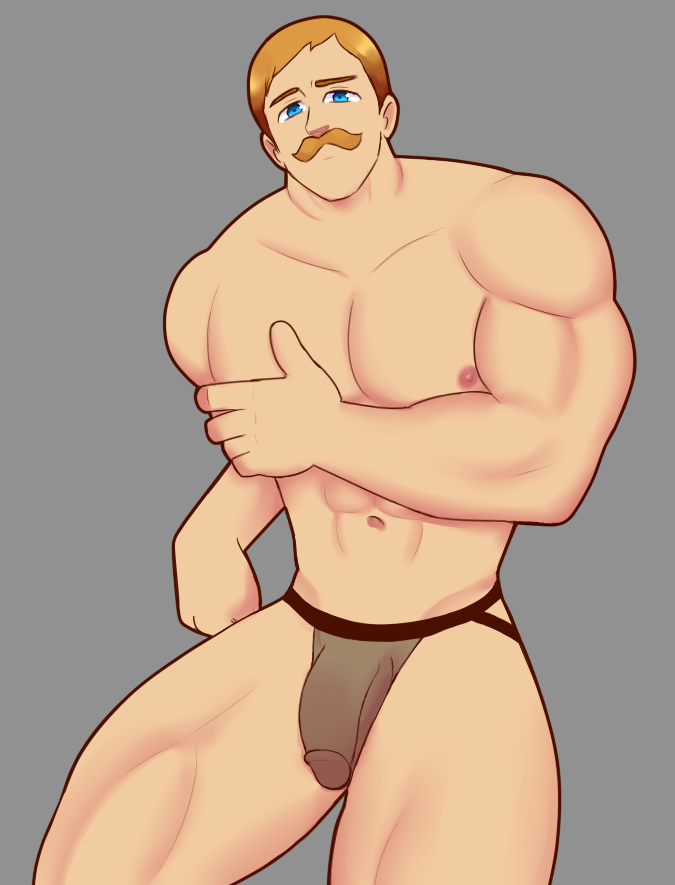 1boy abs balls beefy biceps big_penis blue_eyes escanor flaccid_penis ginger ginger_hair jockstrap lingerie looking_at_viewer male male_lingerie male_only muscular_male mustache nanatsu_no_taizai nipples pectorals shaved_crotch sitting solo thick_thighs transparent_clothing underwear