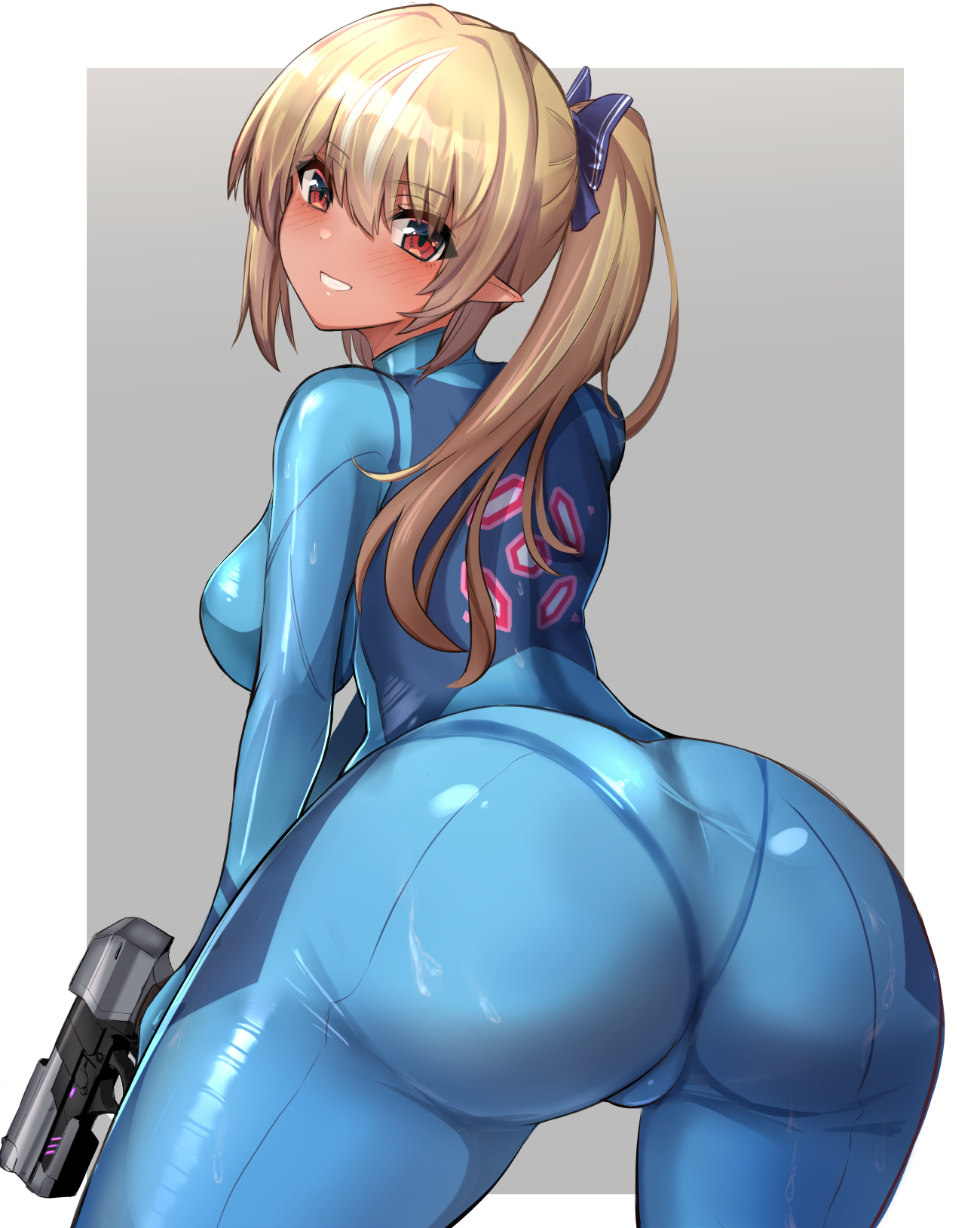 1girls, ass, bent over, blonde hair, bodysuit, breasts, cosplay, dark skin, dark-skinned female, female, from behind, hololive, hololive fantasy, hololive japan, kihou no gotoku dmc, leaning forward, looking at viewer, looking back, metroid, metroid dread, plump, pointy ears, ponytail, red eyes, samus aran (cosplay), shiny, shiny clothes, shiranui flare, skindentation, smile, solo, thick thighs, thighs, thunder thighs, virtual youtuber, weapon, zero suit