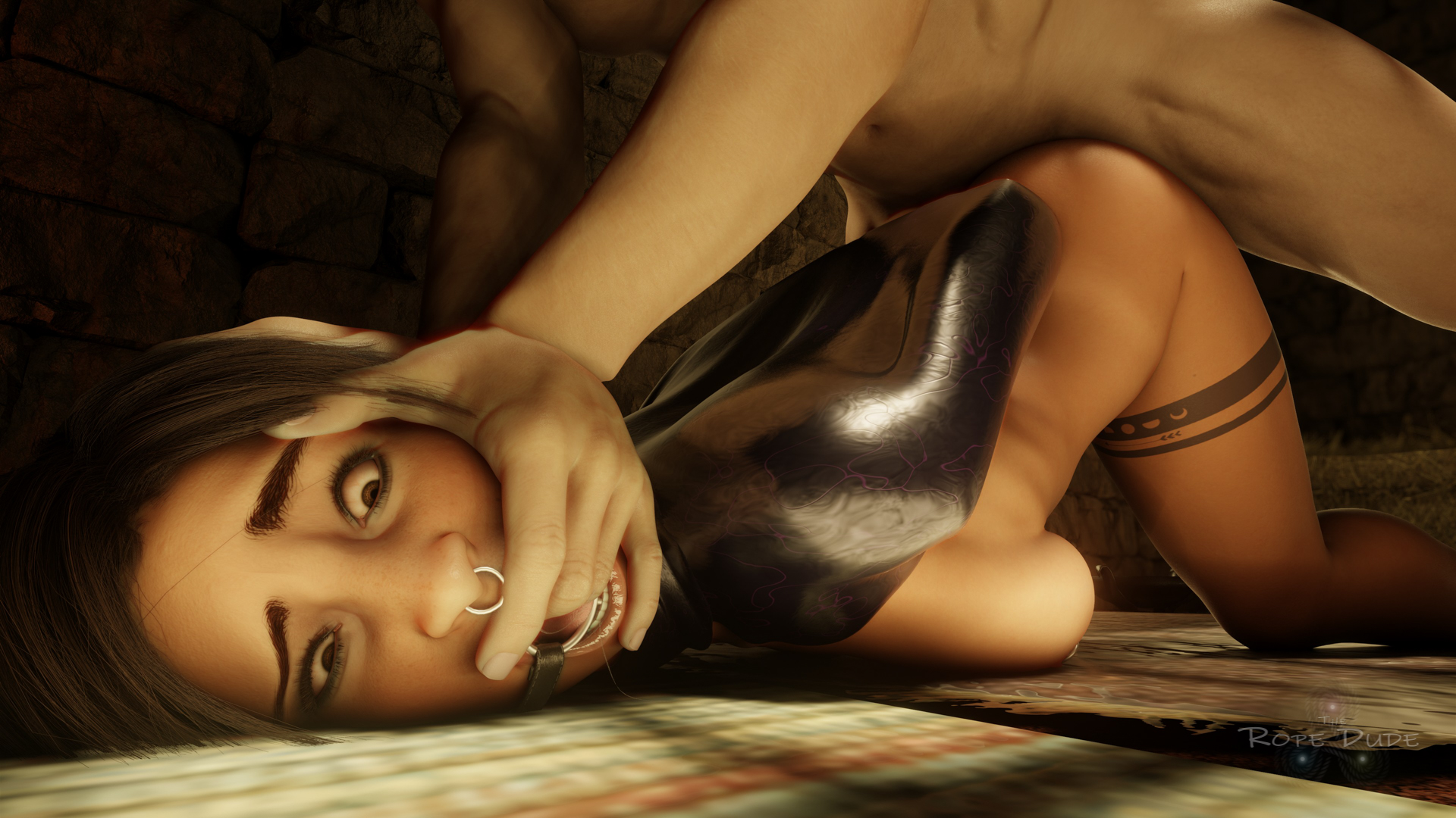 1:1 aspect ratio, 16:9 aspect ratio, 3d, armbinder, arms behind back, bondage, boxbinder, bulldog position, dungeon, fellatio, female, femsub, fingers in another's mouth, forced oral, gag, gagged, gimp, hand on head, high resolution, lara croft, lara croft (survivor), light skin, light-skinned female, light-skinned male, male, nose piercing, nose ring, open mouth gag, oral, pierced nose, piercing, rape, restrained, restraints, ring gag, scared, slime, theropedude, tomb raider, tomb raider (survivor)