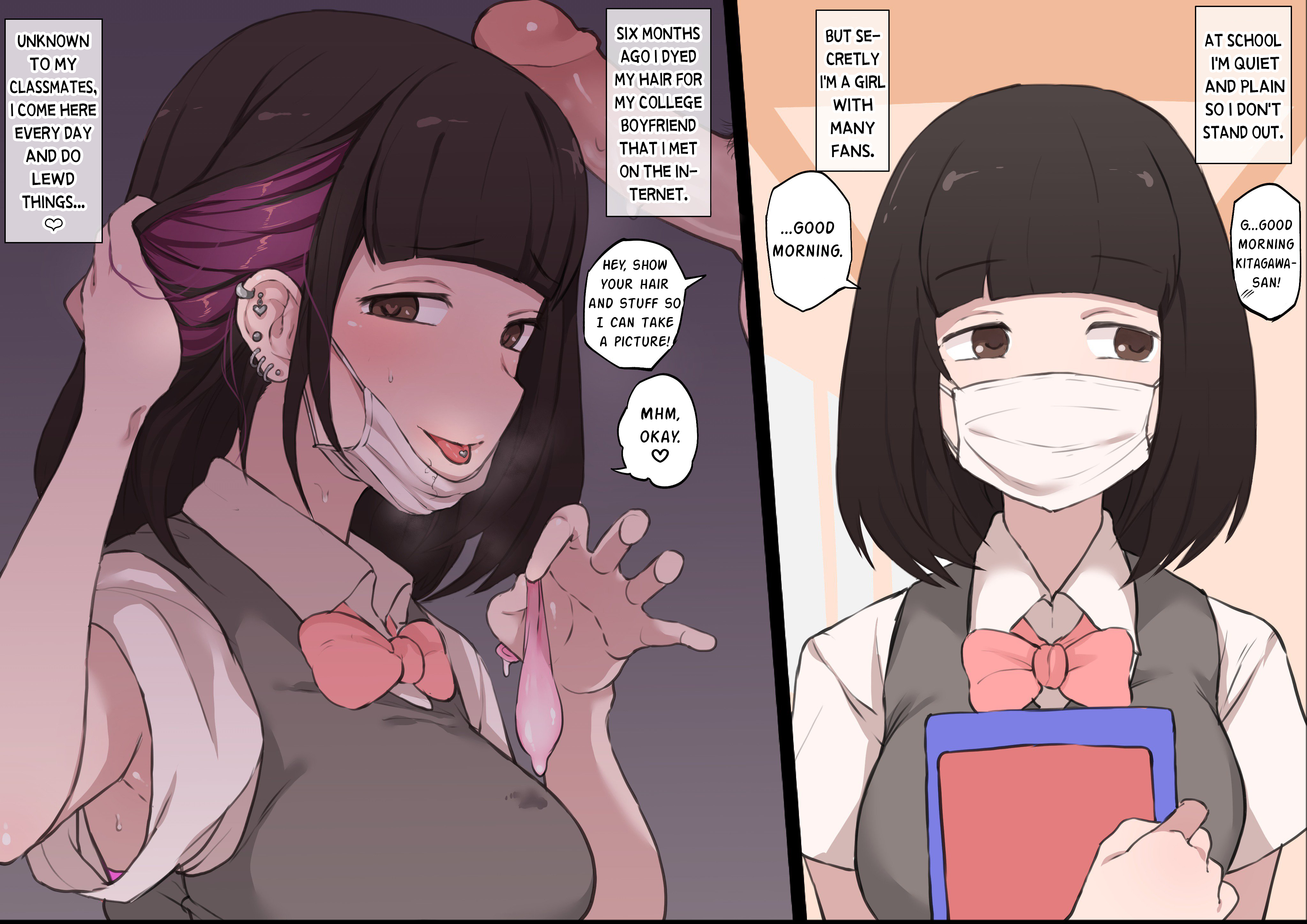 :p, 1girls, absurdres, black hair, breasts, brown eyes, condom, covered mouth, cum, cum in condom, dialogue, earrings, english text, erection, female, filled condom, glans, heart, heart-shaped pupils, high resolution, highres, holding, holding condom, holding object, looking at viewer, looking to the side, male, mask, multicolored hair, original, penis, piercing, pink ribbon, purple hair, ribbon, school uniform, smile, speech bubble, symbol-shaped pupils, terasu mc, text, tongue, tongue out, tongue piercing, translated, uncensored, uniform, used condom