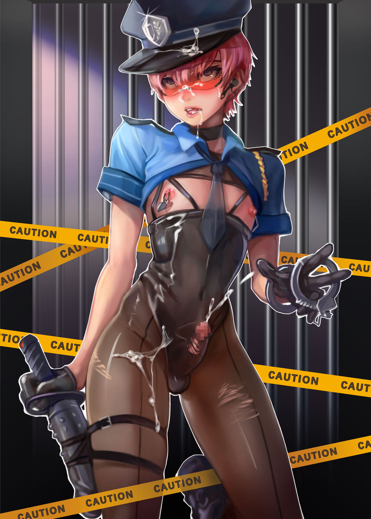 censored, chawanmushi, crossdressing, cum on body, cumshot, femboy, handcuffs, handsfree ejaculation, male, male focus, male only, nipple piercing, nipples, original, original character, piercing, pink hair, pleasure face, police uniform, steamed egg, torn clothes