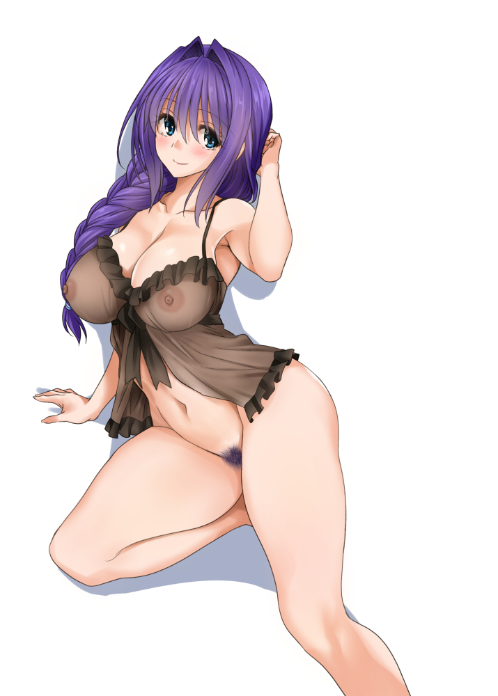 ass babydoll black_babydoll blue_eyes blush braid breasts cleavage closed_mouth covered_nipples curvy eyebrows_visible_through_hair female female_pubic_hair hair_over_shoulder hand_to_head kanon kneeling lace large_breasts lingerie long_hair looking_at_viewer mature_female minase_akiko mitarashi_kousei navel negligee nipples no_panties pubic_hair purple_hair reclining see-through simple_background single_braid smile underwear white_background