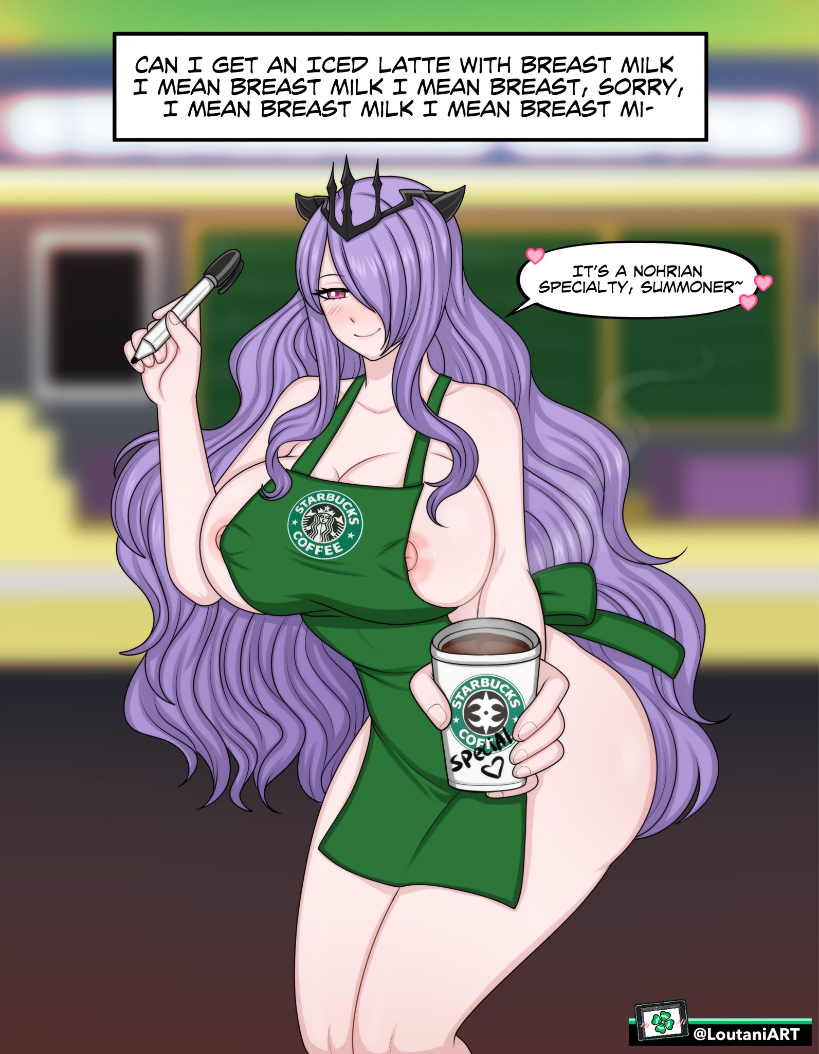 1girls, apron, bare legs, bare shoulders, breasts, camilla (fire emblem), cleavage, coffee, collarbone, covered nipples, dialogue, english text, female, fire emblem, fire emblem fates, fire emblem heroes, hair over one eye, holding cup, holding object, holding pen, horns, huge breasts, iced latte with breast milk, indoors, long hair, looking at viewer, loutaniart, meme, naked apron, nintendo, nipple bulge, nipples, pen, purple eyes, purple hair, sideboob, smile, solo, starbucks, text, very long hair, violet eyes, wide hips