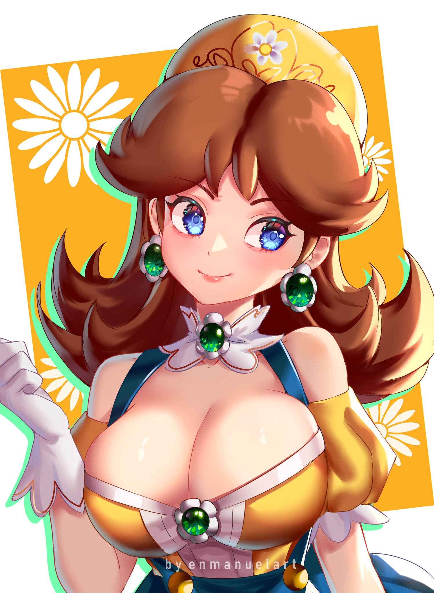 1girls, 2020, blue eyes, breasts, brown hair, choker, earrings, enmanuelart20, female, female only, flower earrings, gloves, hat, huge breasts, long hair, looking away, mario (series), nintendo, open clothes, princess daisy, shiny skin, smile, solo, watermark