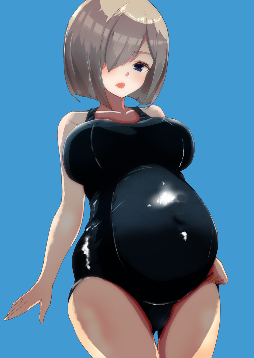 1girls, blue background, blue eyes, bob cut, female, female only, hair over one eye, hamakaze (kantai collection), huge belly, kantai collection, looking at viewer, low-angle view, matetsu (nakayoshi sanfujinka), one-piece swimsuit, pregnant, ready to pop, school swimsuit, short hair, silver hair, solo, swimsuit, thigh gap