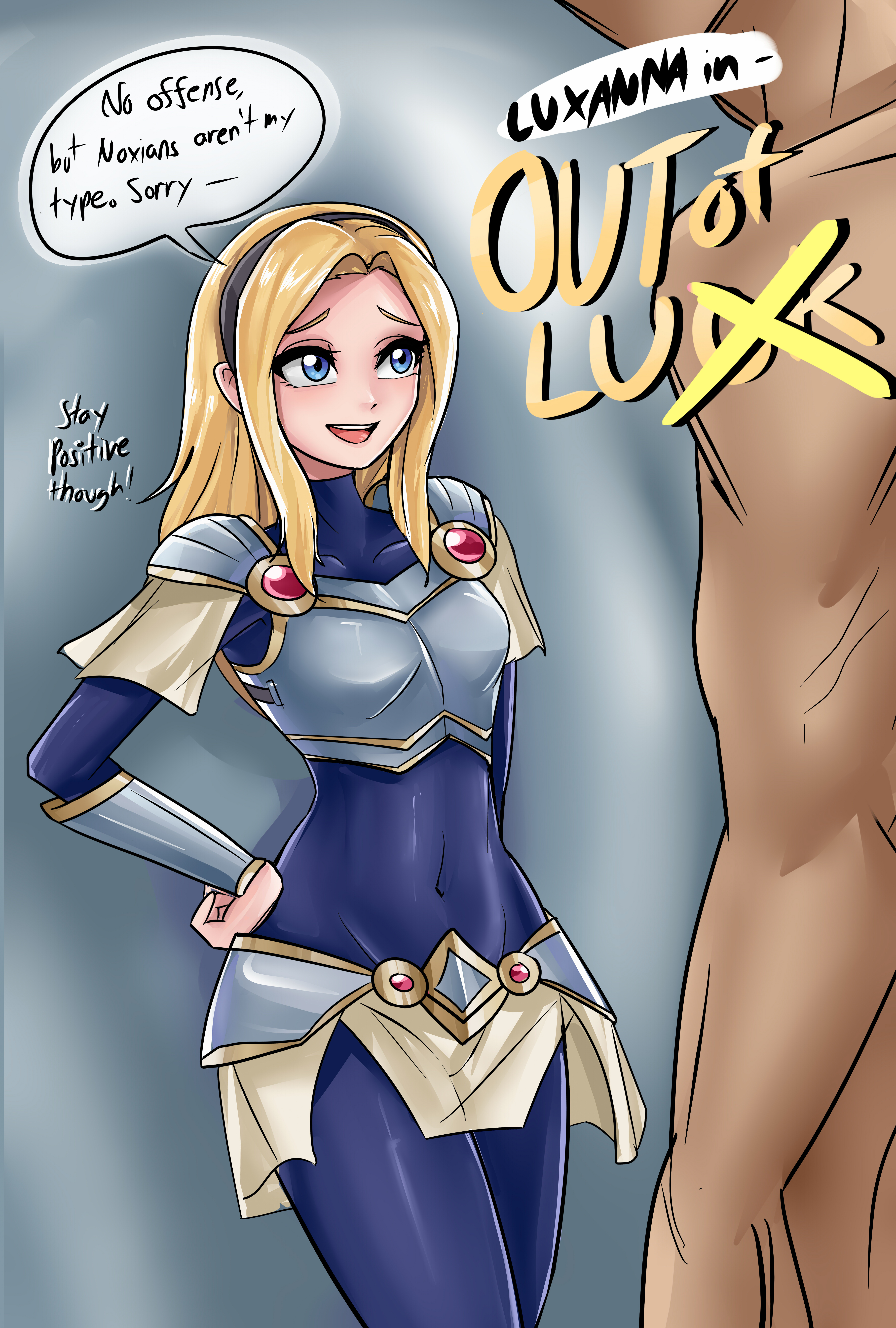 1boy, 1girls, bodysuit, dark-skinned male, faceless male, female, geks, imminent rape, instant loss 2koma, league of legends, league of legends: wild rift, luxanna crownguard, male, size difference, tagme