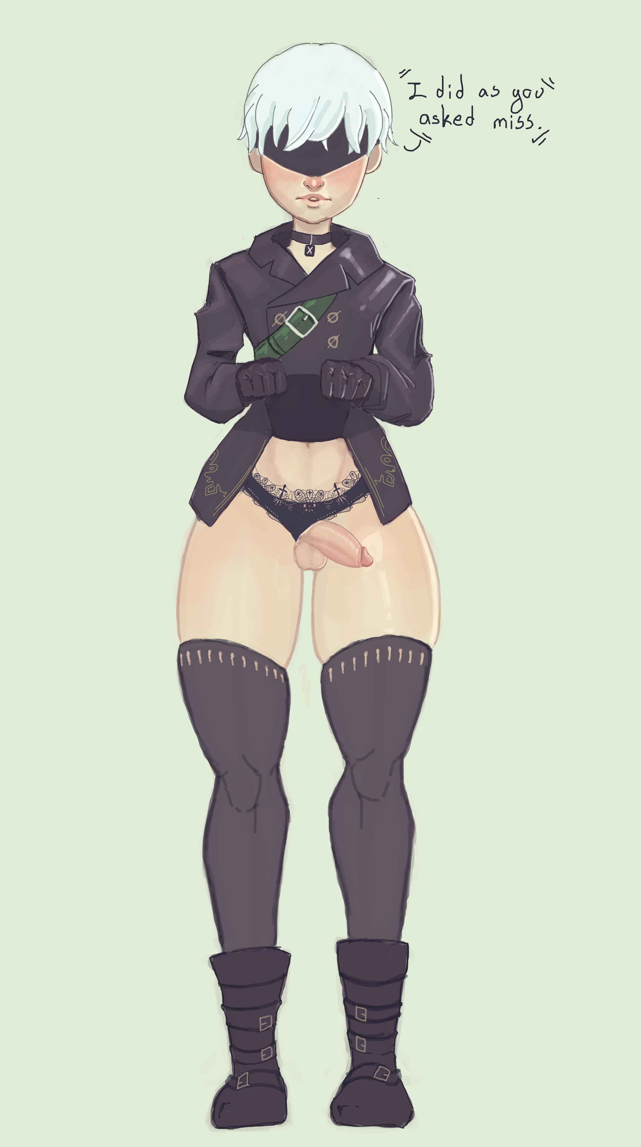1boy, balls, femboy, feminine male, jungledirect, light skin, male, male focus, male only, nier: automata, penis, simple background, solo, solo male, testicles, thick thighs, trap, white hair, yorha 9s