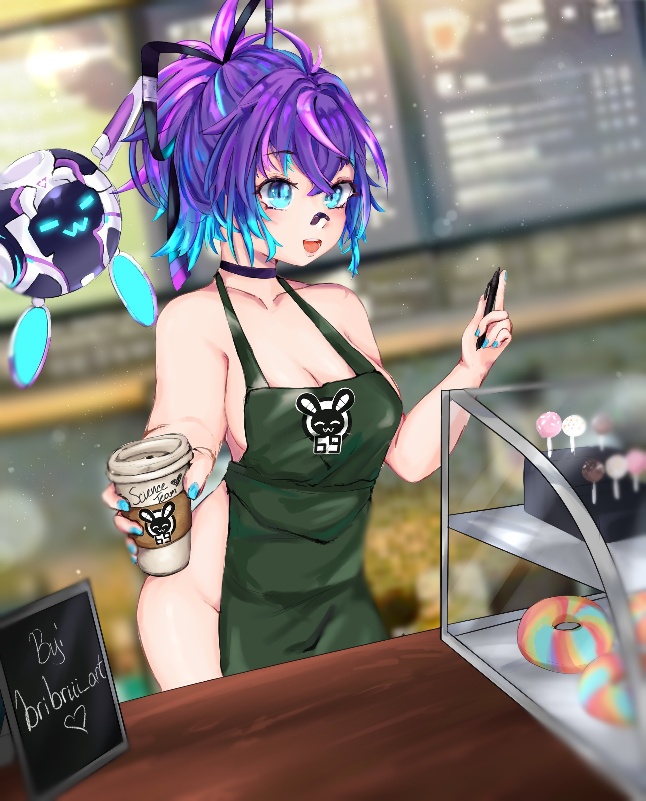 apron, breasts, bribriii art, coffee, female, iced latte with breast milk, melody (projektmelody), meme, naked apron, projektmelody, tagme, virtual youtuber, vshojo