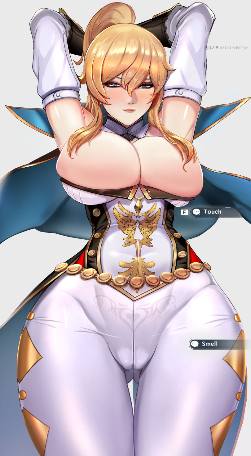 1girls, badcompzero, big breasts, blue eyes, breasts, busty, clothed, clothed female, female, female only, genshin impact, hands behind head, huge breasts, jean gunnhildr, large breasts, smile, solo, tattoo, thick thighs, thighs, voluptuous, yellow hair