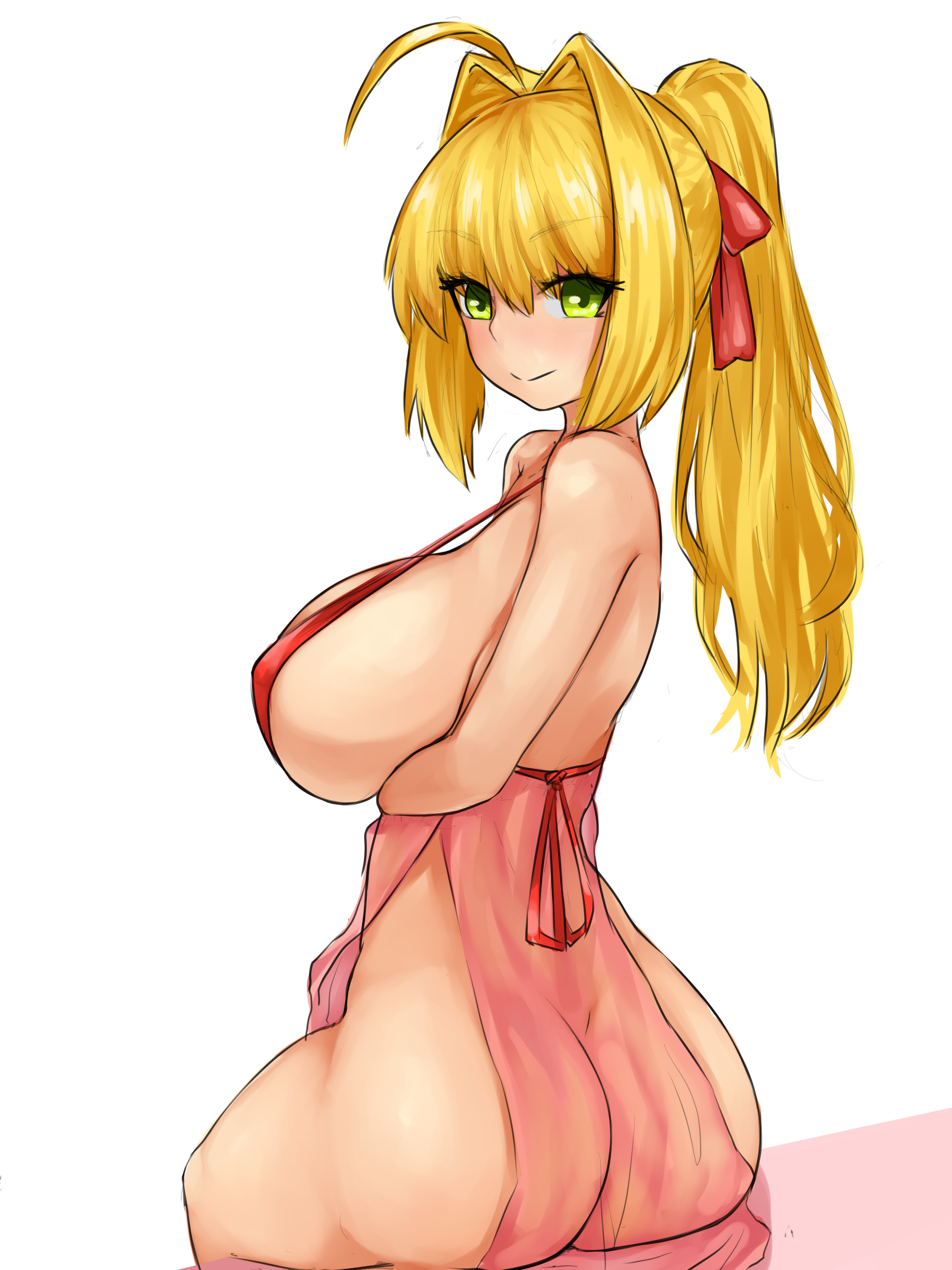 1girls, absurd res, ahoge, arm under breasts, ass, blonde hair, blush, breasts, busty, curvy, dress, fate (series), fate/extra, fate/grand order, female, green eyes, hair intakes, hair ribbon, high ponytail, highres, large ass, large breasts, long hair, looking at viewer, nero claudius (fate), no panties, ponytail, red dress, revealing clothes, ribbon, see-through, see-through clothing, sideboob, sitting, smile, steamingtofu, thick thighs