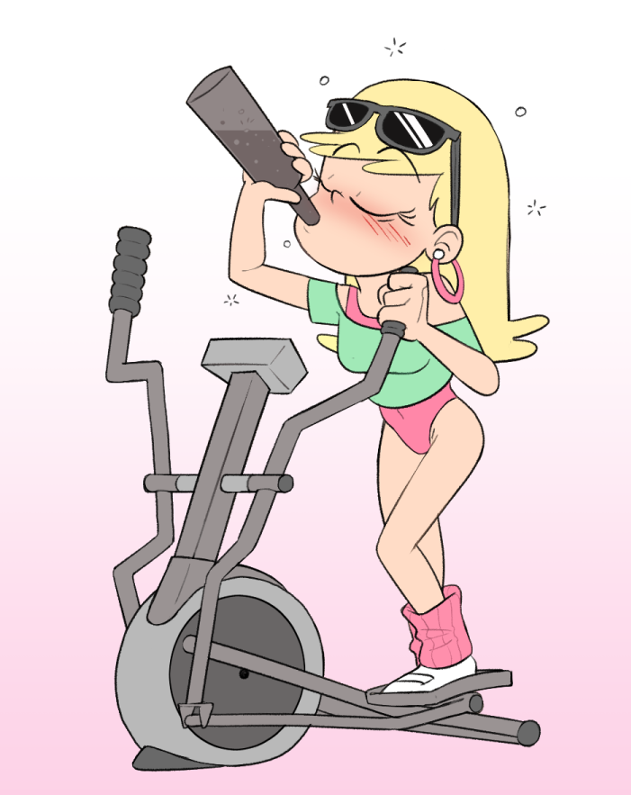 2020 alternate_clothing drinking drunk earrings female leni_loud mannysdirt nickelodeon sunglasses_on_head the_loud_house workout workout_clothes yellow_hair