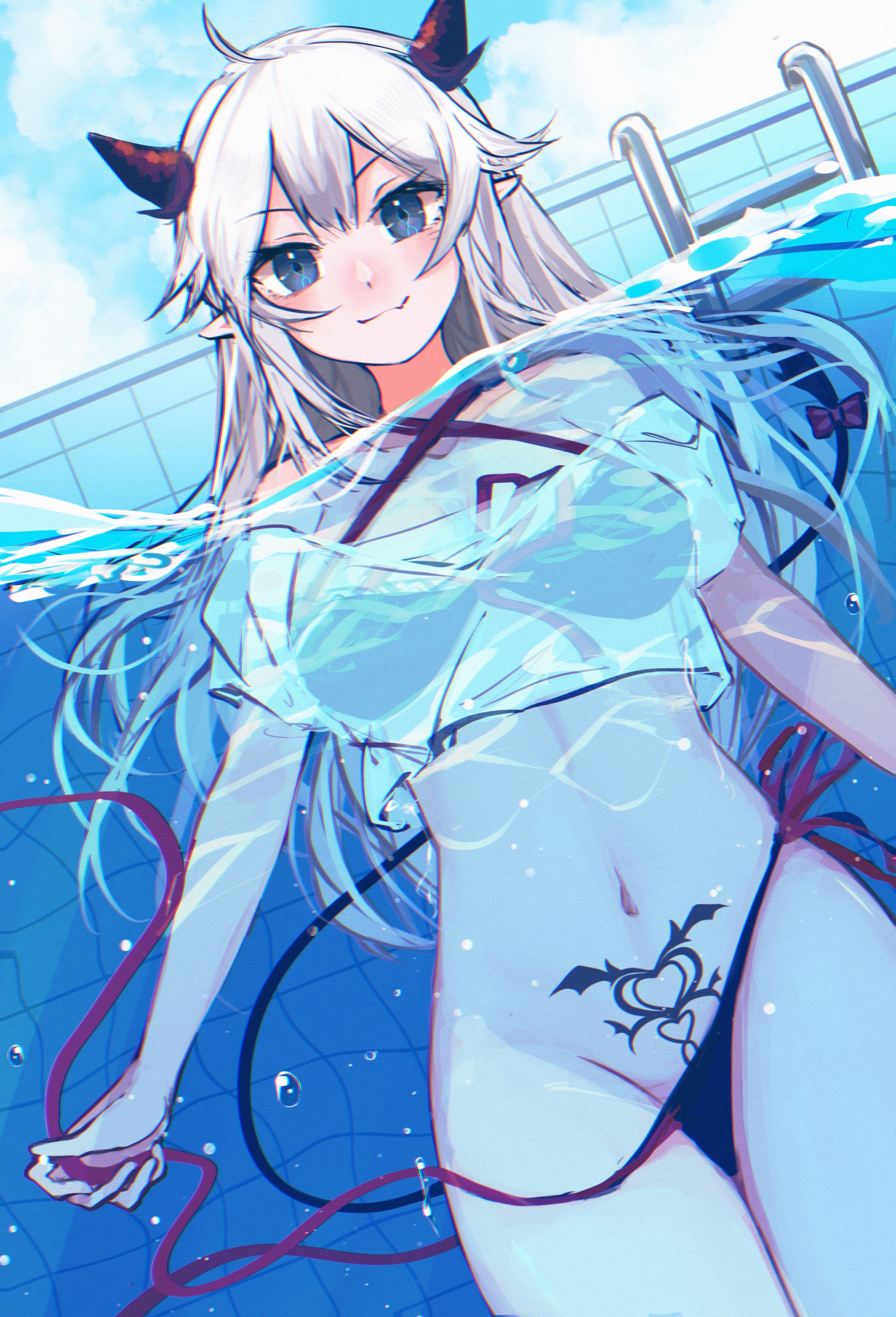 demon, partially underwater shot, pubic tattoo, succubus, succubus horns, succubus tail, succubus tattoo, swimming, swimsuit, tagme, takki (abyssitanuki), underwater, veibae, virtual youtuber, vshojo, wardrobe malfunction