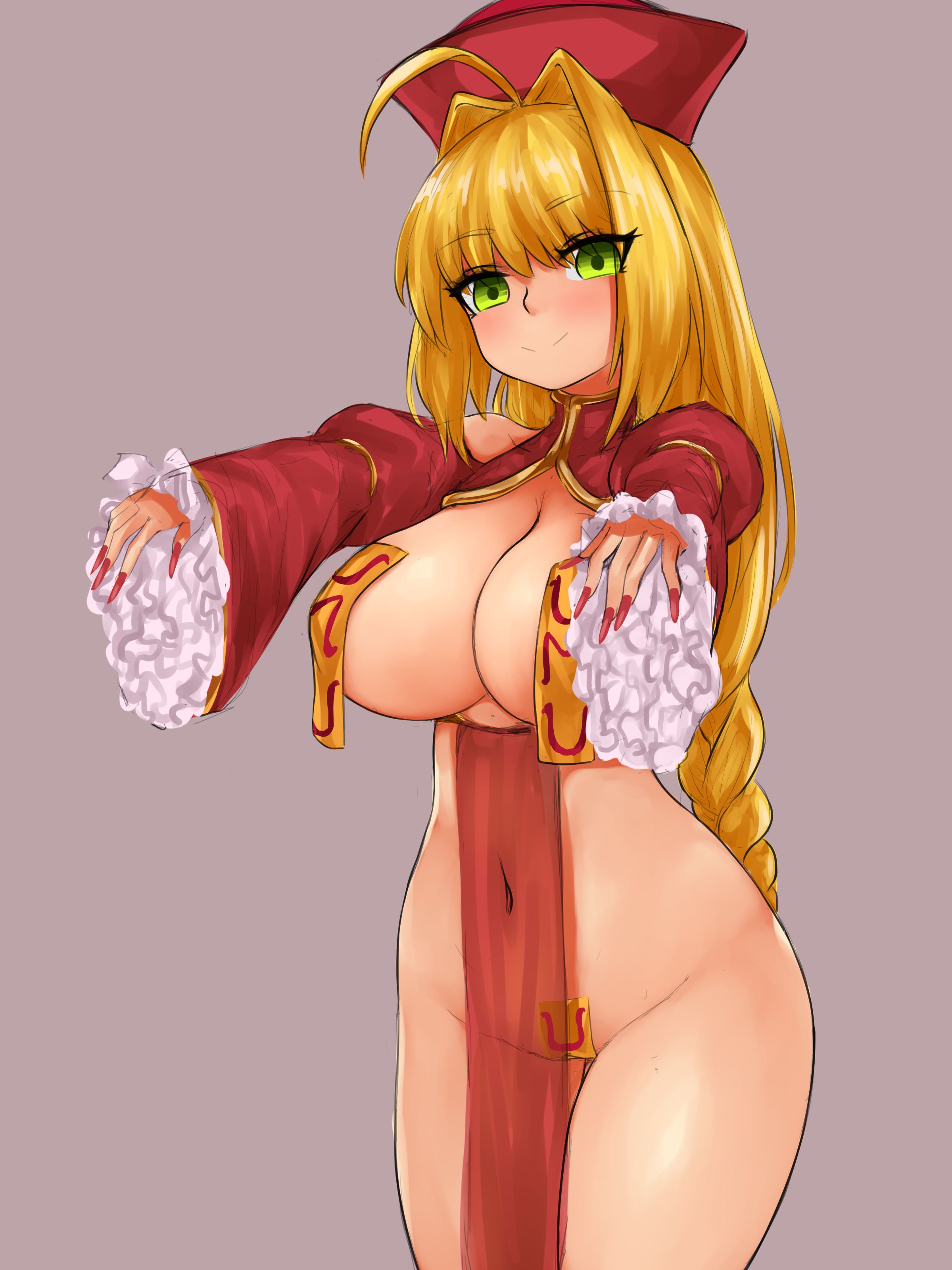 absurd res, bare thighs, big breasts, breasts, breasts out, fate (series), fate/extra, fate/grand order, female, highres, jiangshi, nero claudius (fate), steamingtofu, tagme, thick thighs