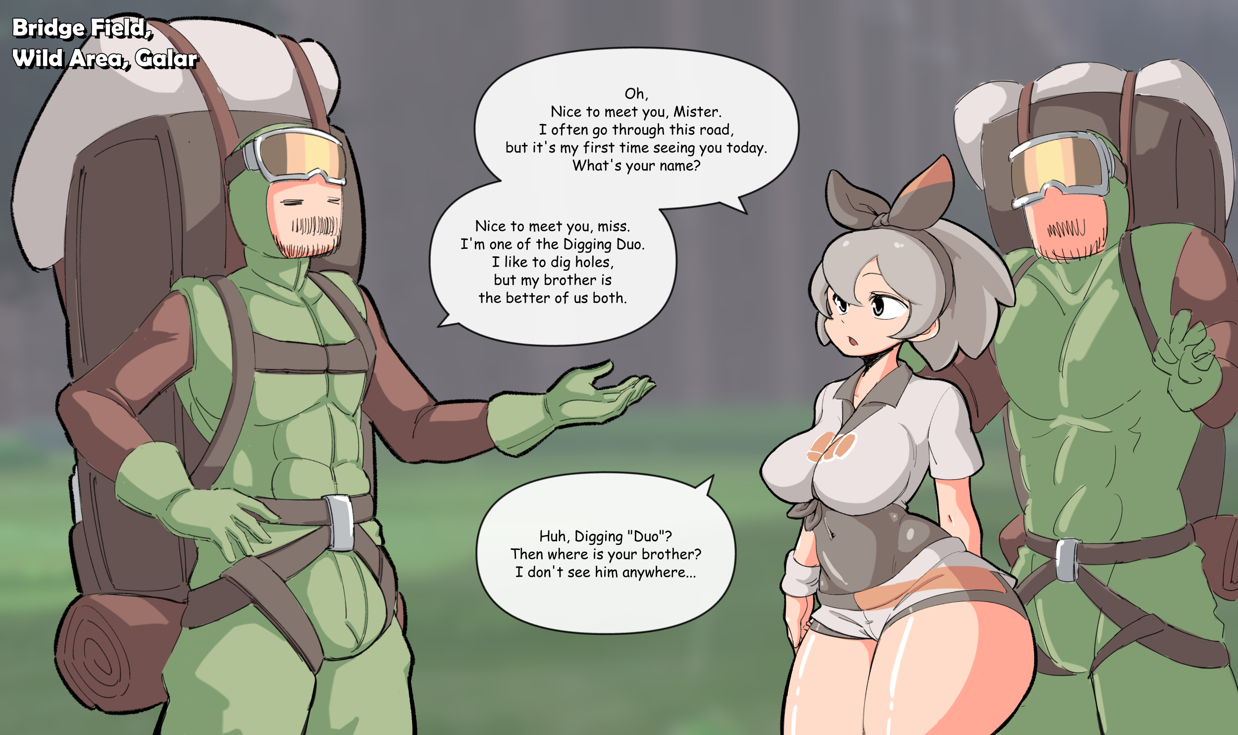 1girls, 2boys, bea (pokemon), big penis, bodysuit, breasts, female, grey hair, hair ribbon, male, nintendo, penis, pokemon, pokemon ss, short hair, shorts, speech bubble, text, thick thighs, tight clothing, woohyoot