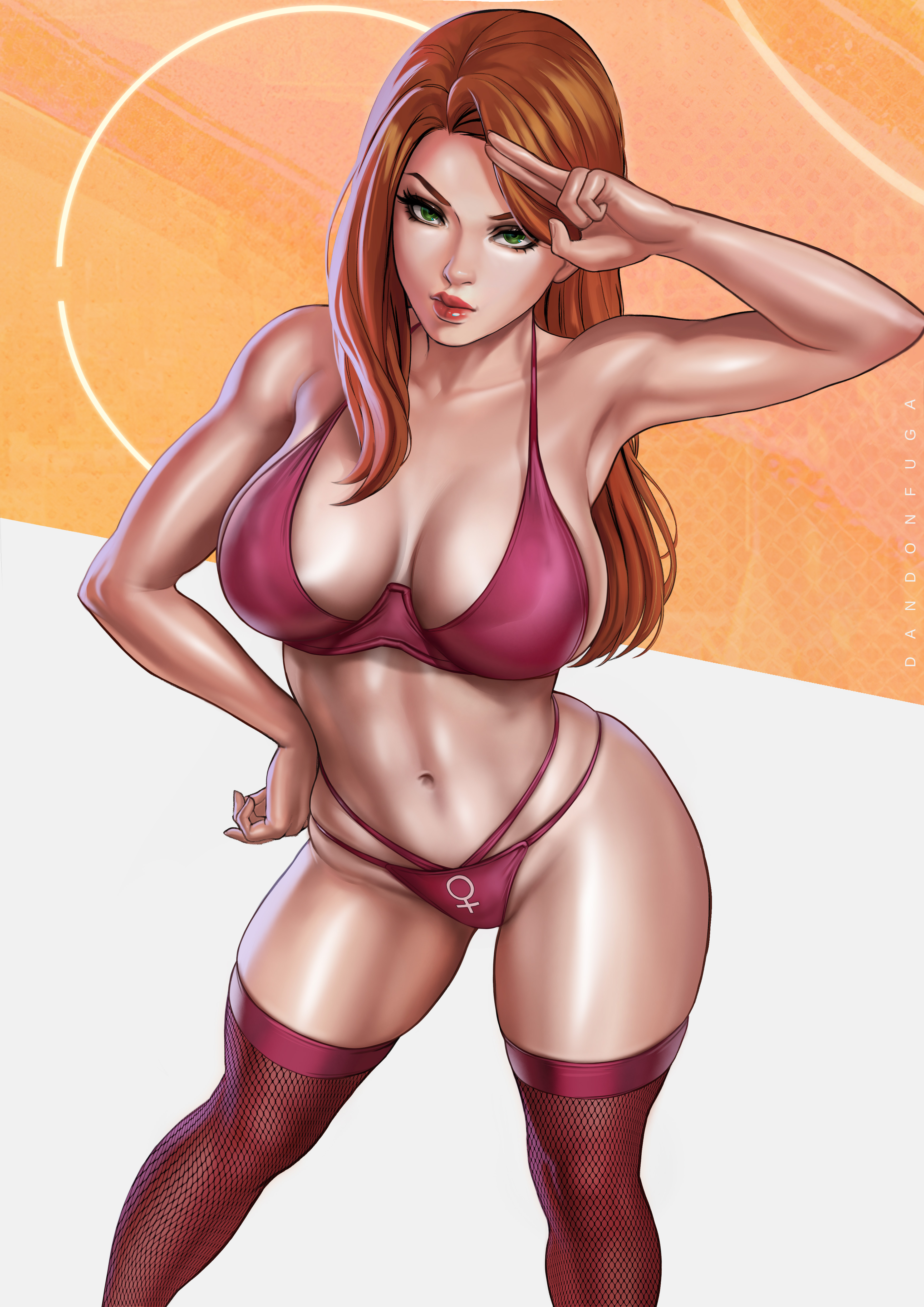 1girls, armpits, atom eve, big breasts, bikini, boobs, breasts, busty, cleavage, dandon fuga, female, female only, green eyes, invincible, large breasts, lingerie, panties, pink lingerie, pink stockings, red hair, redhead, salute, solo, stockings, superheroine, tagme, thick, thick thighs, thighhighs, thighs, thong, thong bikini, wink