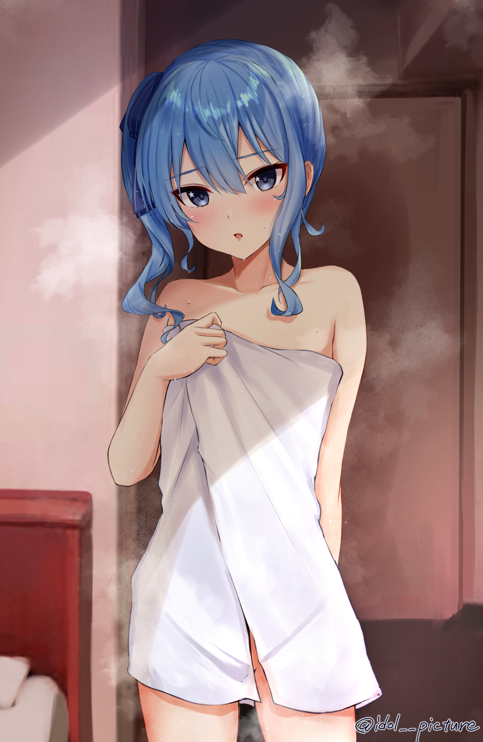 1girls after_shower bedroom before_sex blue_hair blush covering ex_idol female female_only hololive hololive_gen_0 hololive_japan hoshimachi_suisei solo solo_female steam steaming_body towel virtual_youtuber wet