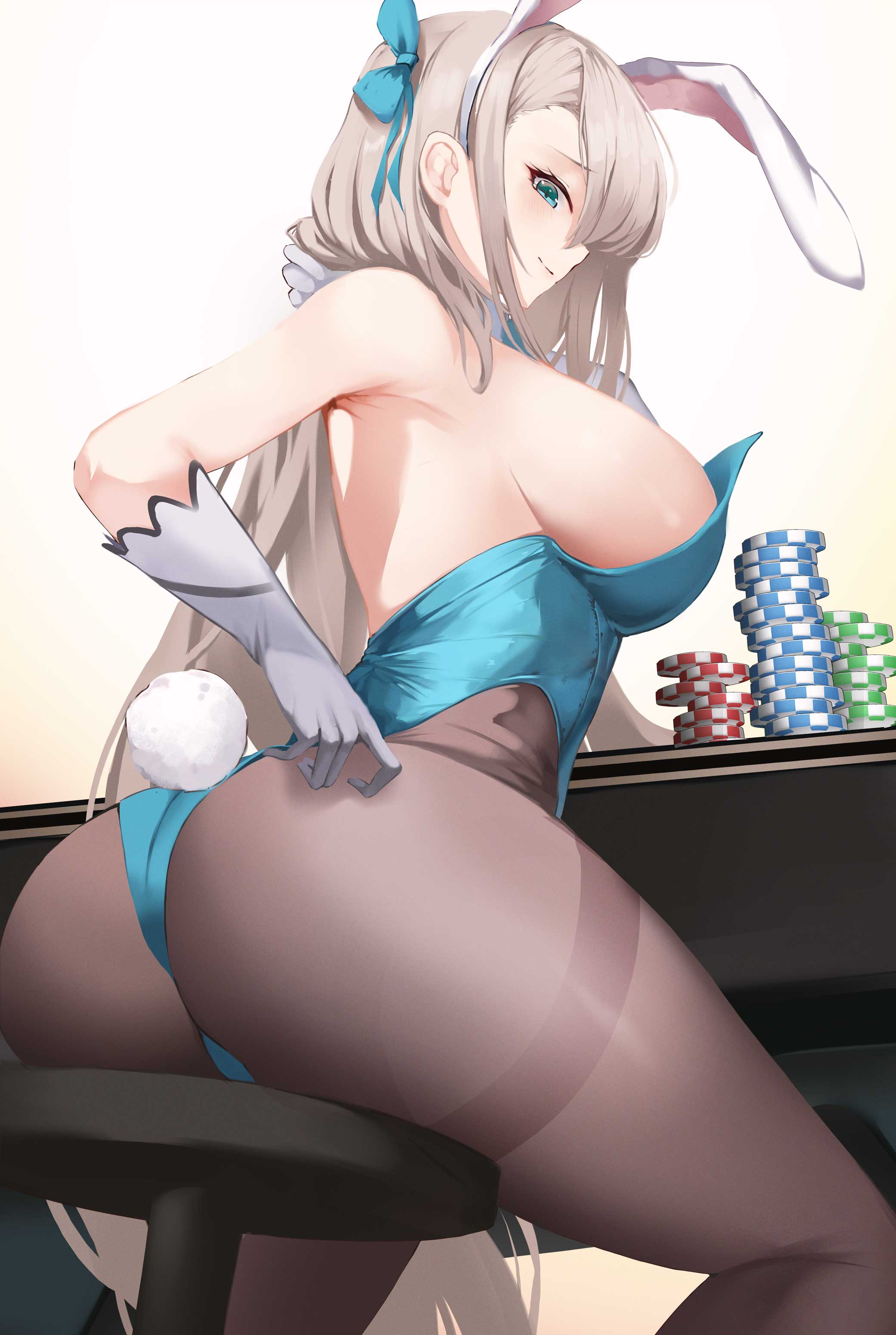 1girls, 2021, ass, ass focus, ass shot, asuna (blue archive), asuna (bunny) (blue archive), backboob, blonde hair, blue archive, blue eyes, blue leotard, breasts, bunny ears, bunny girl, bunny tail, bunnysuit, female, female focus, female only, hair over one eye, hi res, highleg leotard, huge ass, huge breasts, leotard, long hair, millennium science school student, nevin (flyskying), pantyhose, poker chip, poker table, reaching back, sheer legwear, sideboob, simple background, sitting, stool, thick thighs, thighs, very long hair, white background
