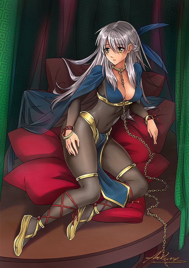 1girls alternate_costume arkuny bangs black_bodysuit bodystocking bodysuit bondage breasts cape chains choker cleavage collar commission covered_navel error female female_only femsub fire_emblem fire_emblem:_radiant_dawn fire_emblem_awakening hair_ribbon indoors leash long_hair looking_away medium_breasts micaiah_(fire_emblem) nintendo official_alternate_costume pillow restrained ribbon silver_hair sitting skin_tight slave solo table tharja_(fire_emblem)_(cosplay) yellow_eyes